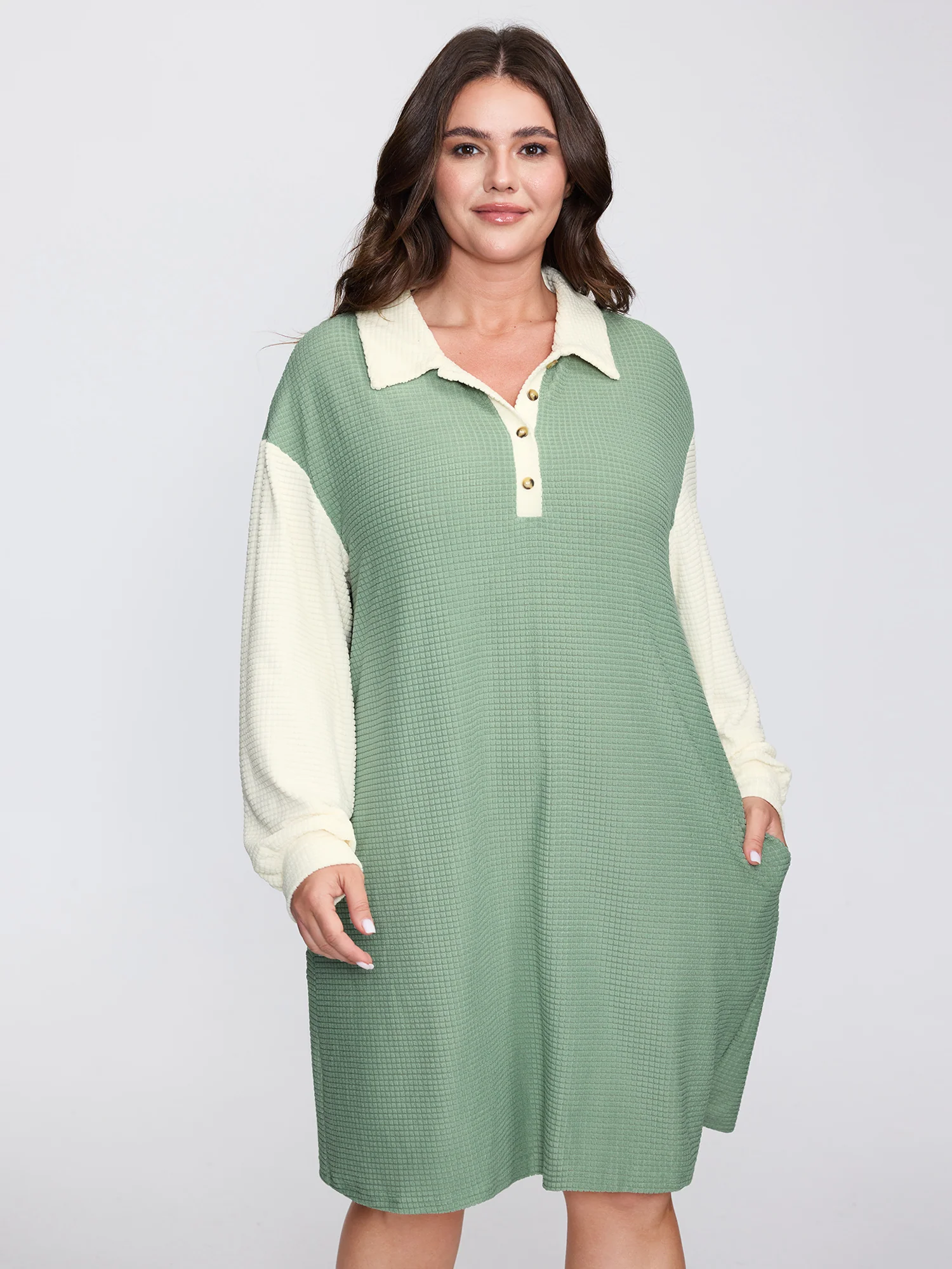Textured Colorblock Collar Midi Dress - Image 3