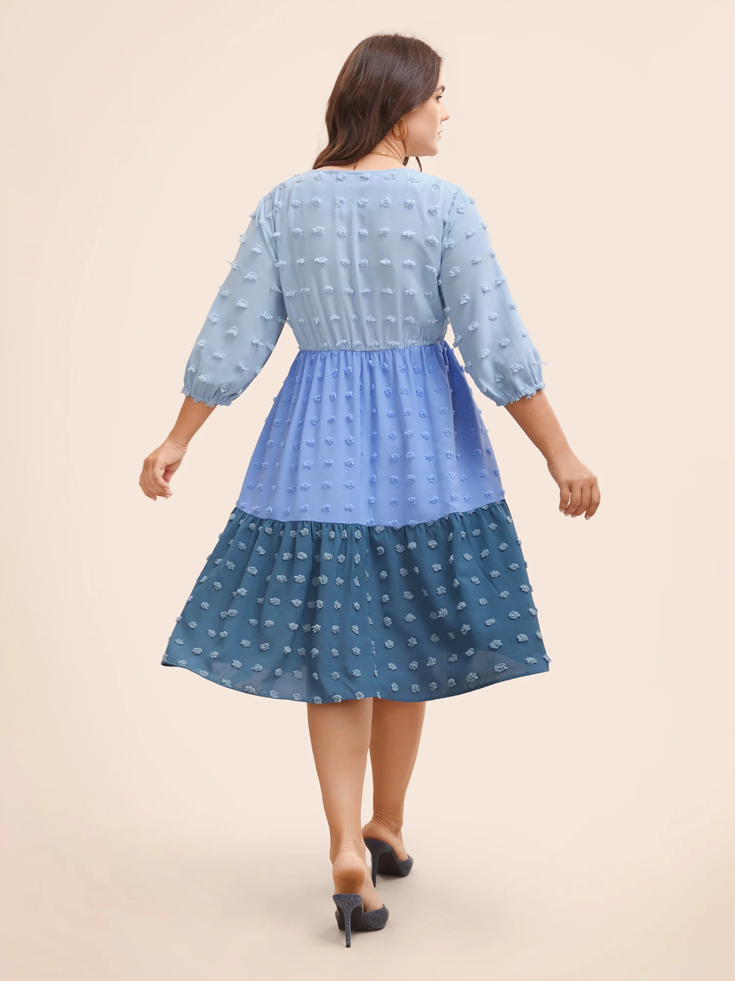 Textured Colorblock Contrast Lantern Sleeve Dress - Image 3