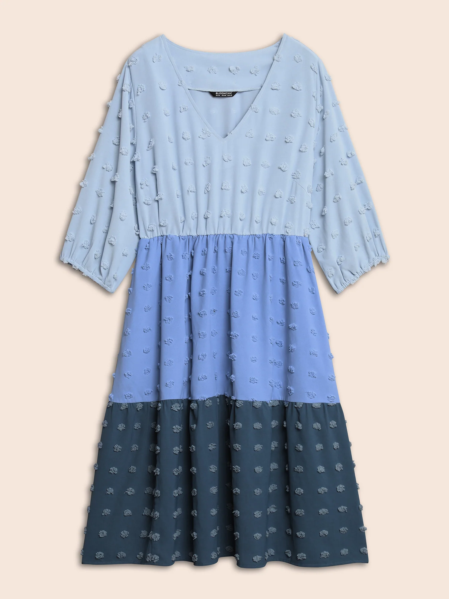 Textured Colorblock Contrast Lantern Sleeve Dress - Image 7