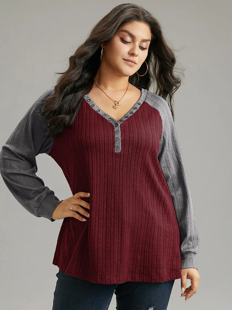 Textured Contrast Button Detail Raglan Sleeve Sweatshirt - Image 3