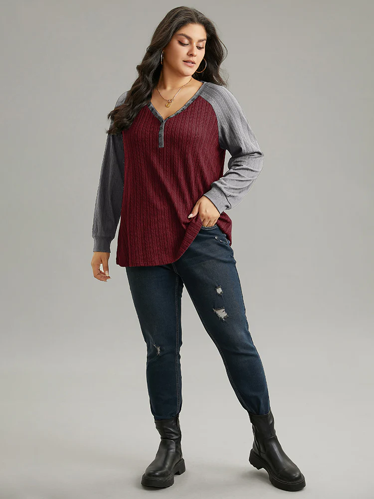 Textured Contrast Button Detail Raglan Sleeve Sweatshirt - Image 4