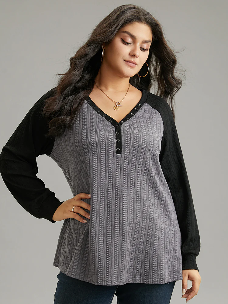 Textured Contrast Button Detail Raglan Sleeve Sweatshirt - Image 7
