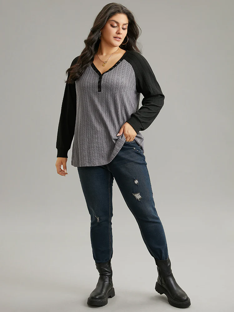 Textured Contrast Button Detail Raglan Sleeve Sweatshirt - Image 8