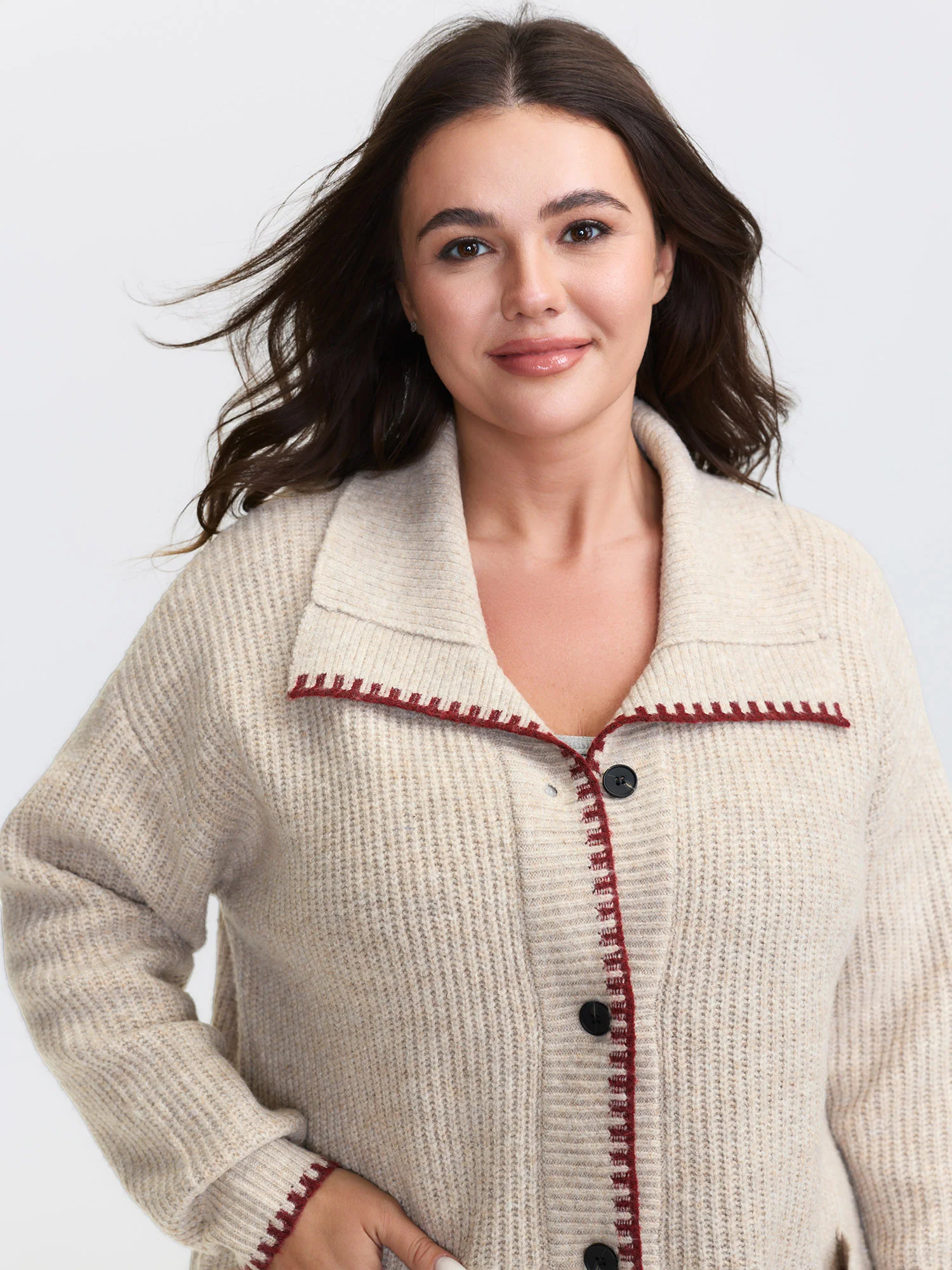 Textured Contrast Edged Pockets Knit Cardigan - Image 2