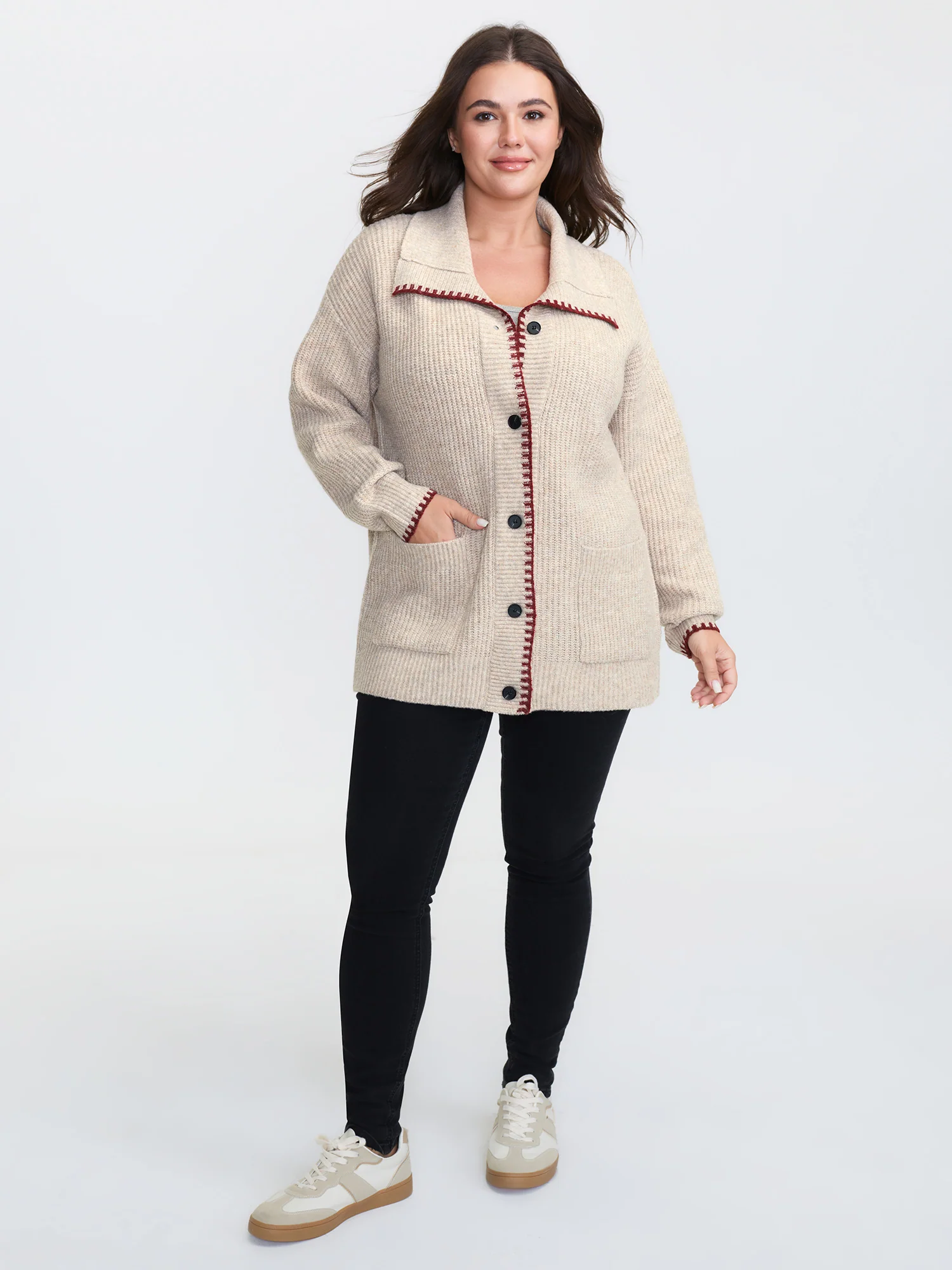 Textured Contrast Edged Pockets Knit Cardigan - Image 3