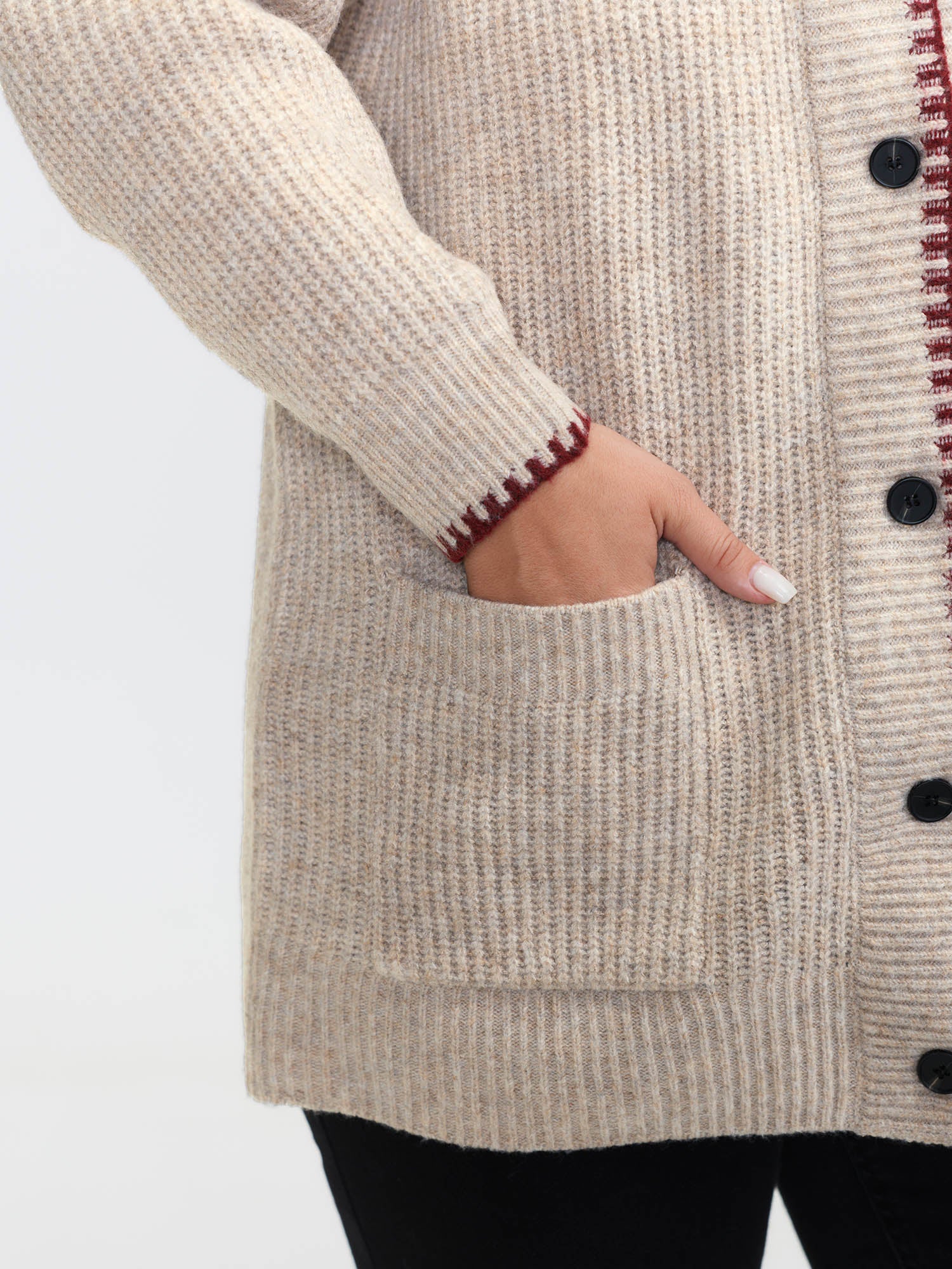 Textured Contrast Edged Pockets Knit Cardigan - Image 4