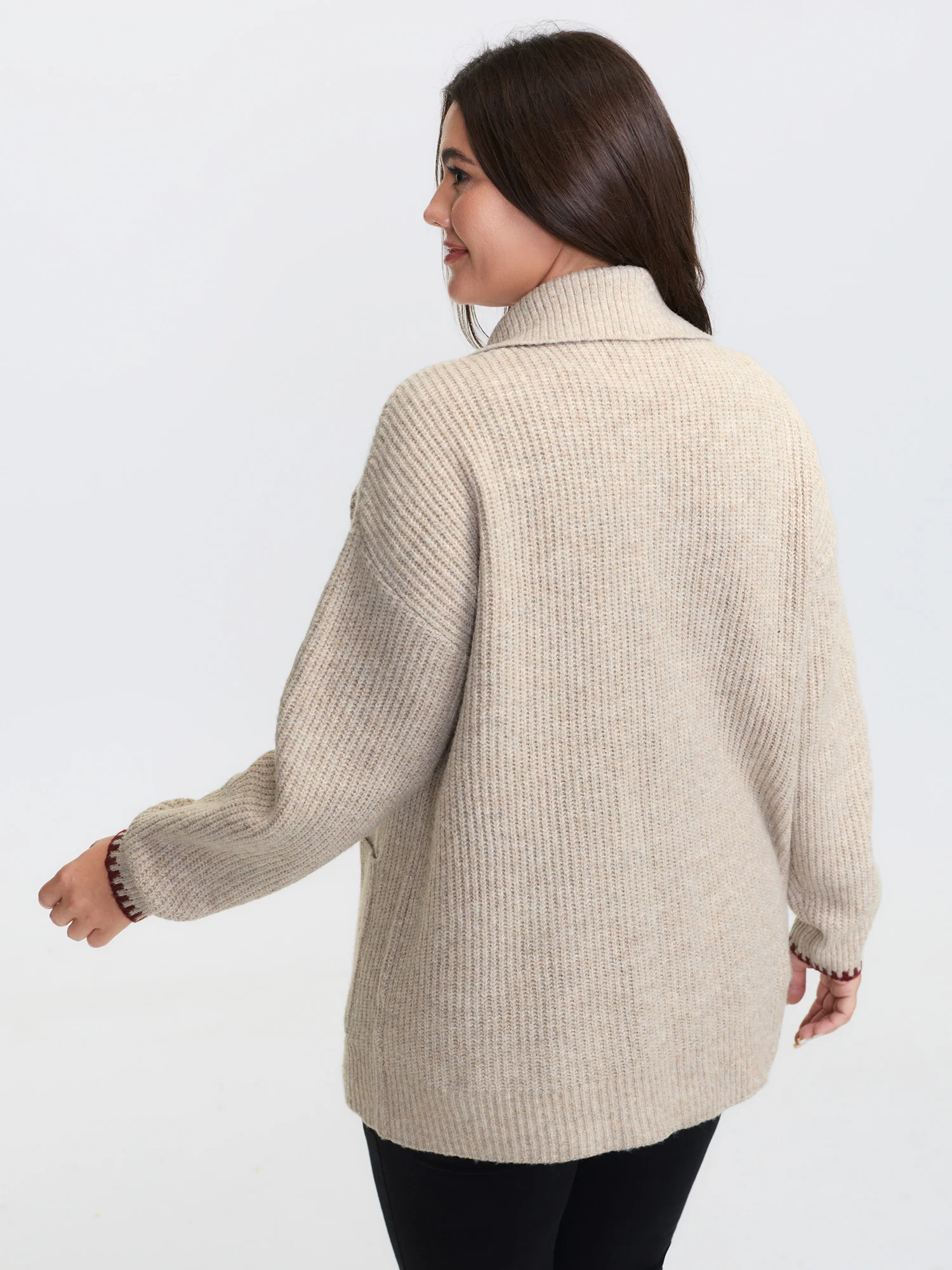 Textured Contrast Edged Pockets Knit Cardigan - Image 5
