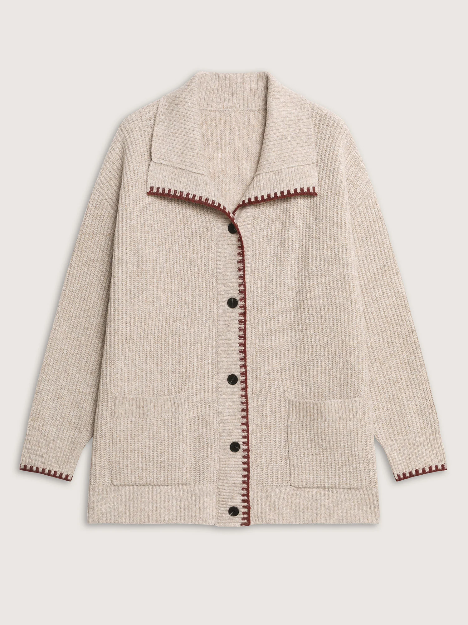 Textured Contrast Edged Pockets Knit Cardigan - Image 9