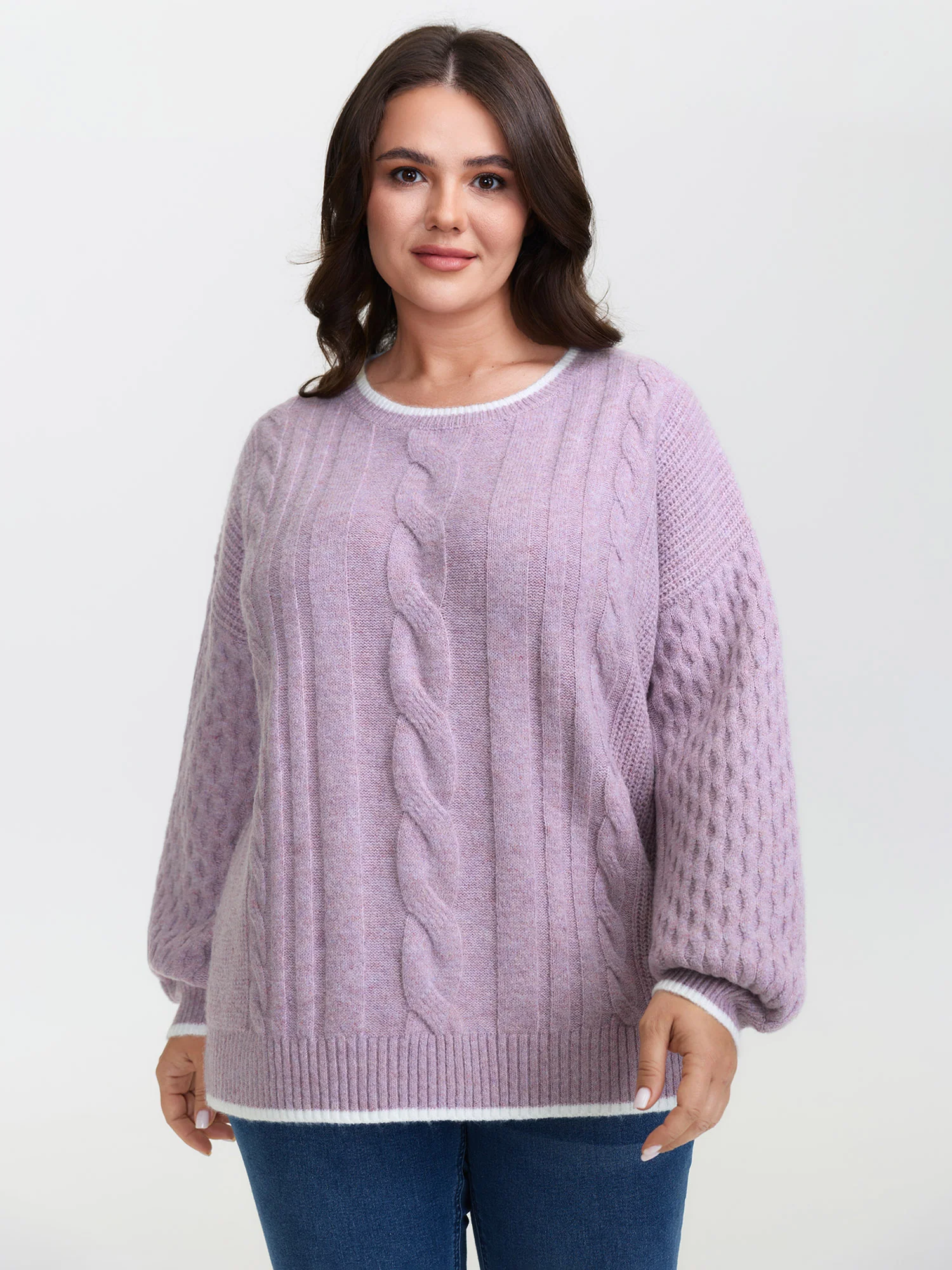 Textured Contrast Edges Lantern Sleeve Pullover - Image 2