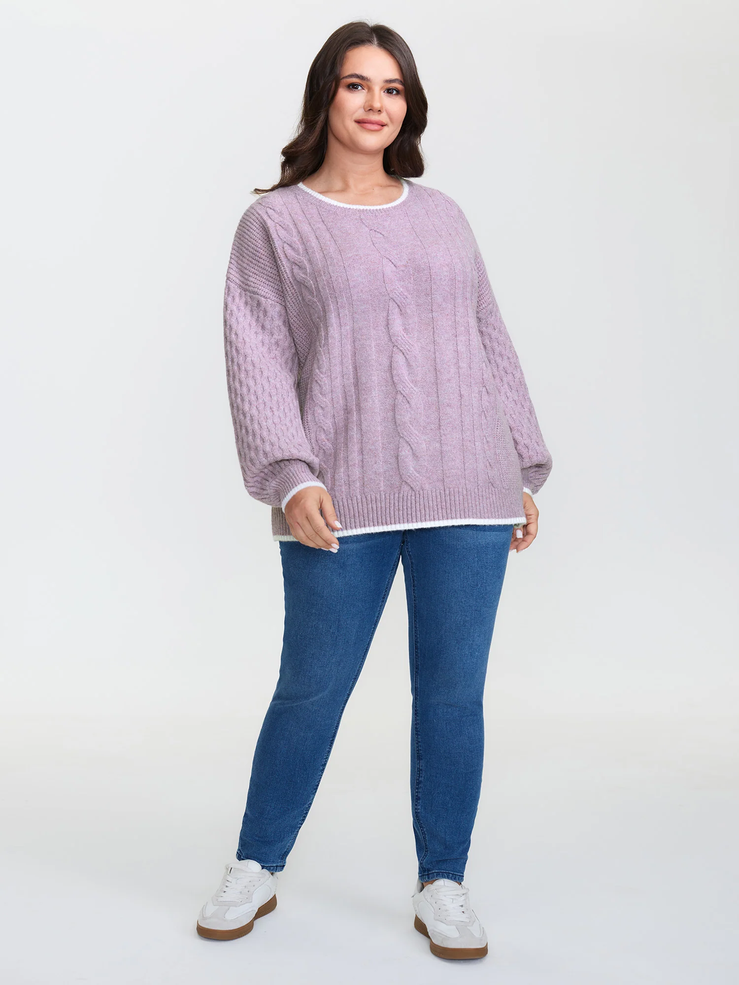 Textured Contrast Edges Lantern Sleeve Pullover - Image 3