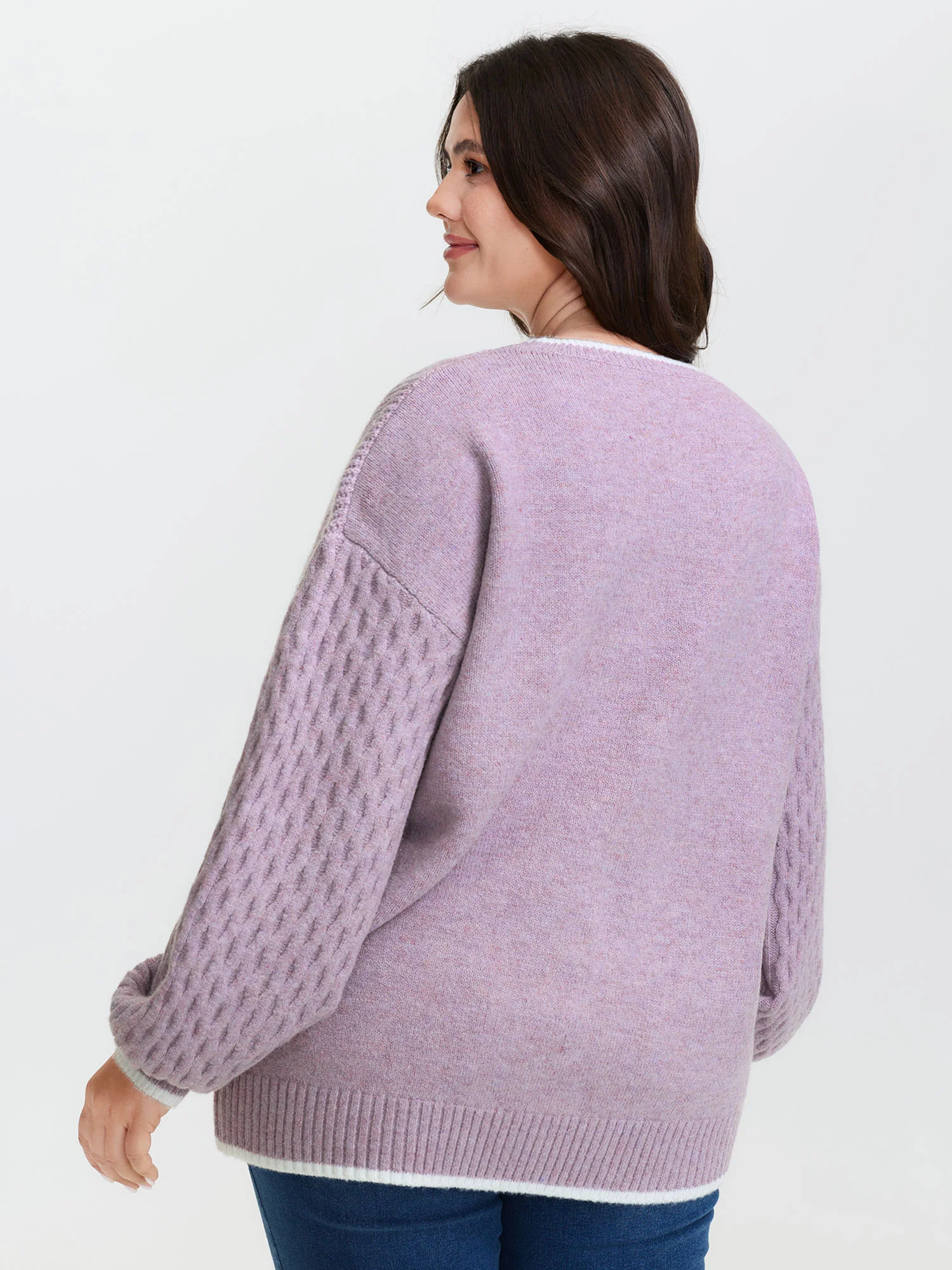 Textured Contrast Edges Lantern Sleeve Pullover - Image 4