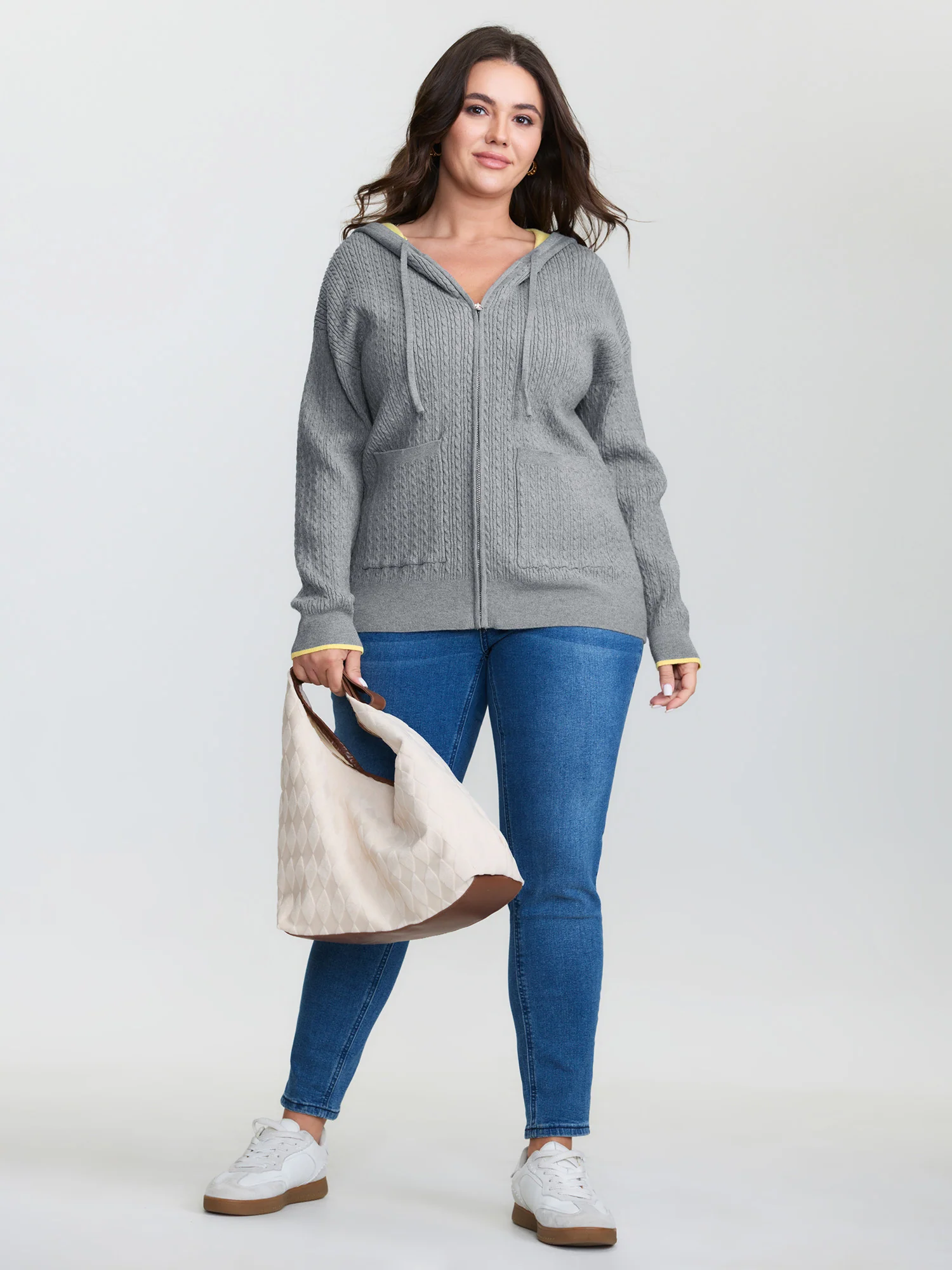 Textured Contrast Hooded Zipper Knit Cardigan - Image 3