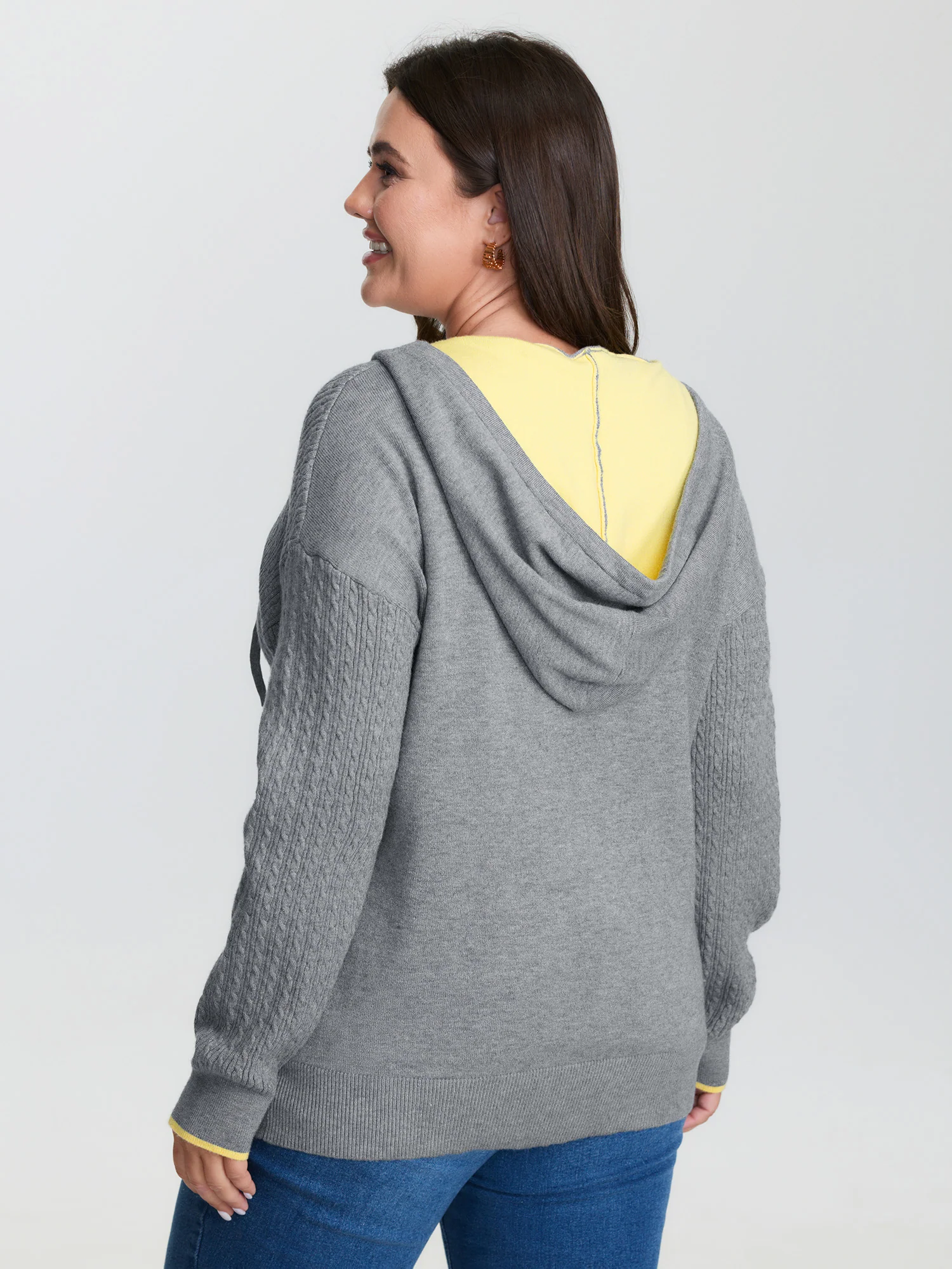 Textured Contrast Hooded Zipper Knit Cardigan - Image 5