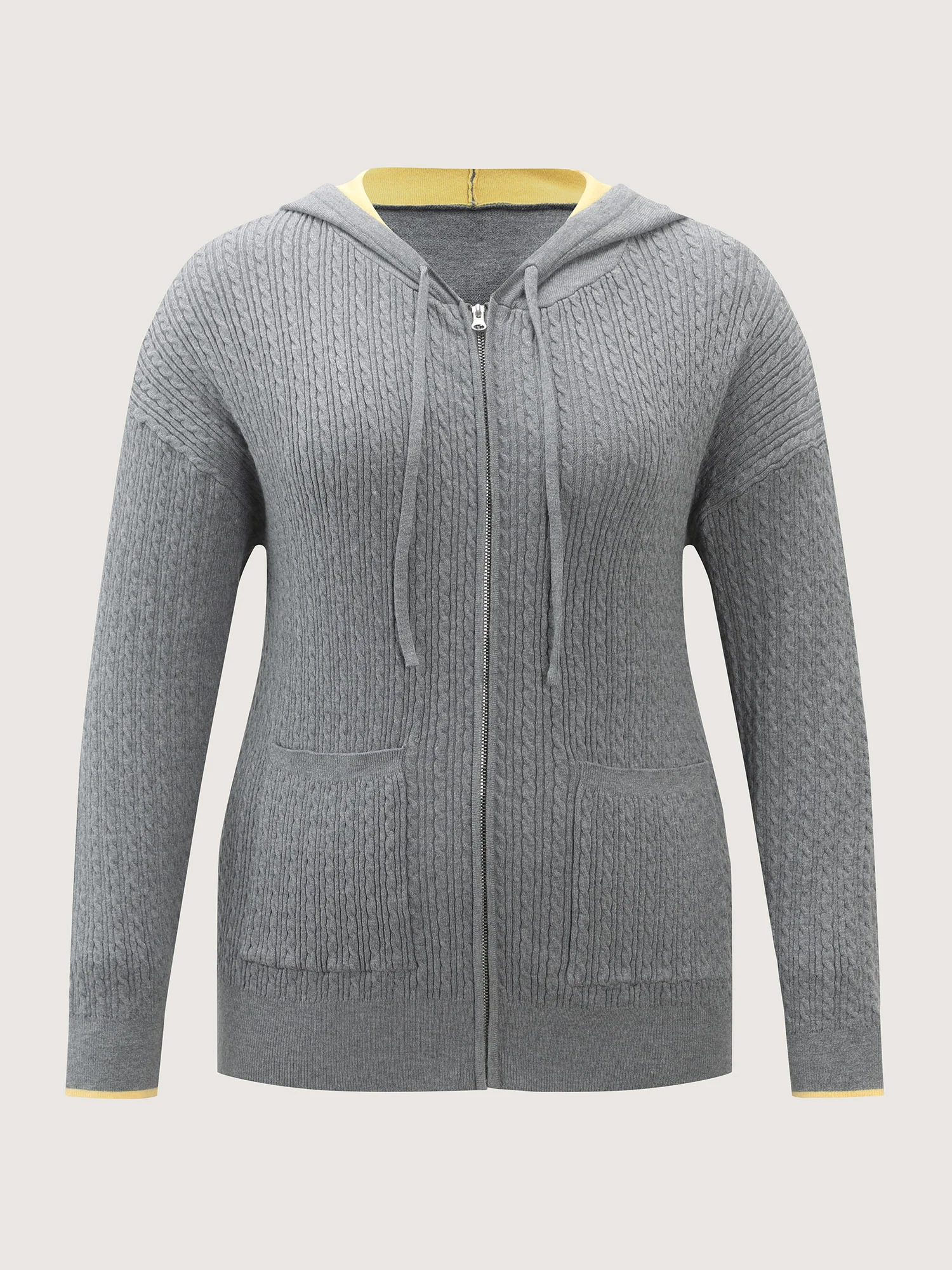 Textured Contrast Hooded Zipper Knit Cardigan - Image 9