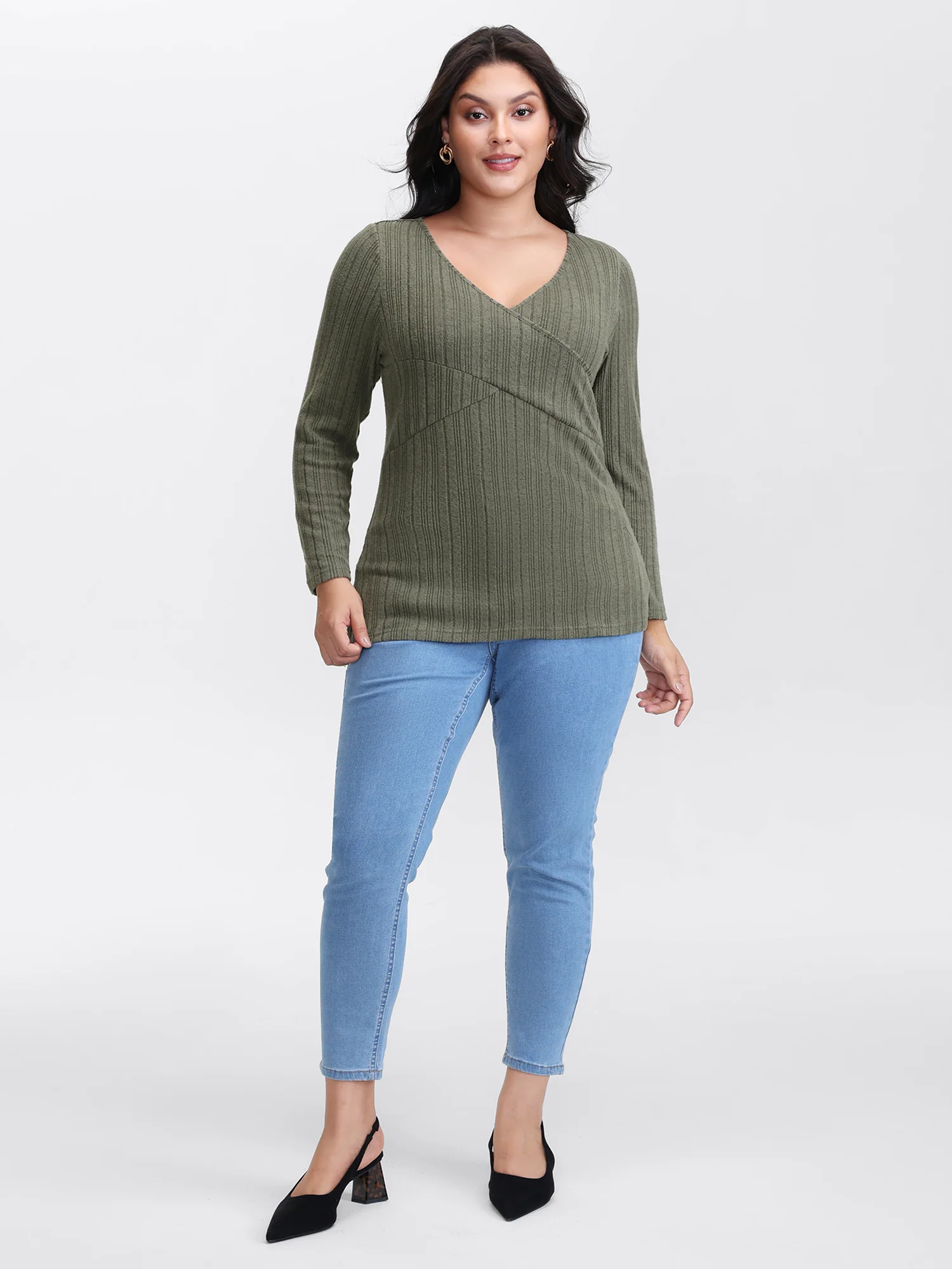 Textured Crossover Bodice Fitted T-Shirt - Image 3