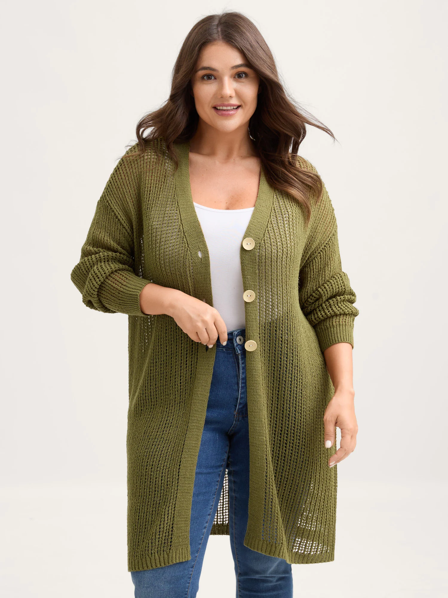 Textured Cut-Out Button Detail Cardigan - Image 2