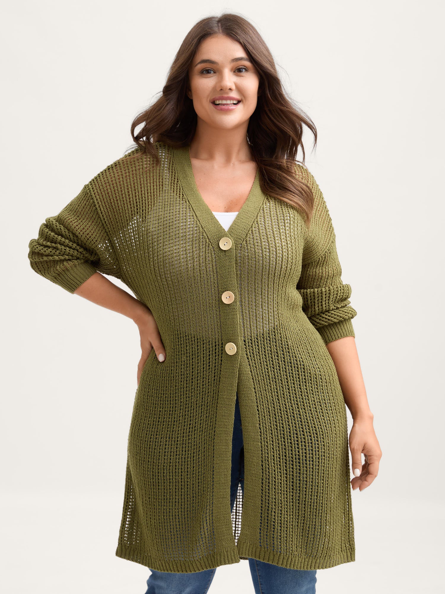 Textured Cut-Out Button Detail Cardigan - Image 4
