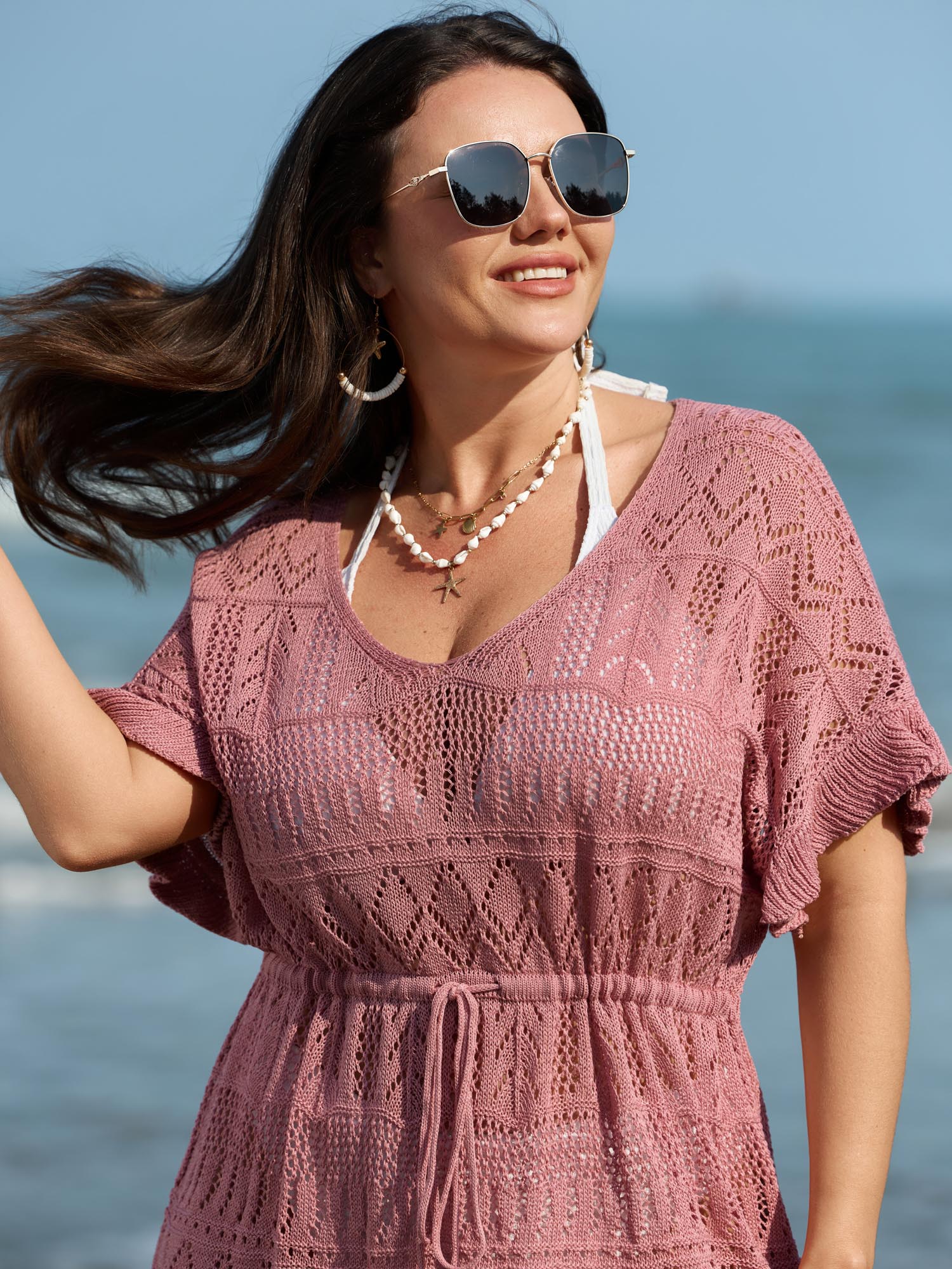 Textured Cut-Out Drawstring Swim Cover-Up - Image 2
