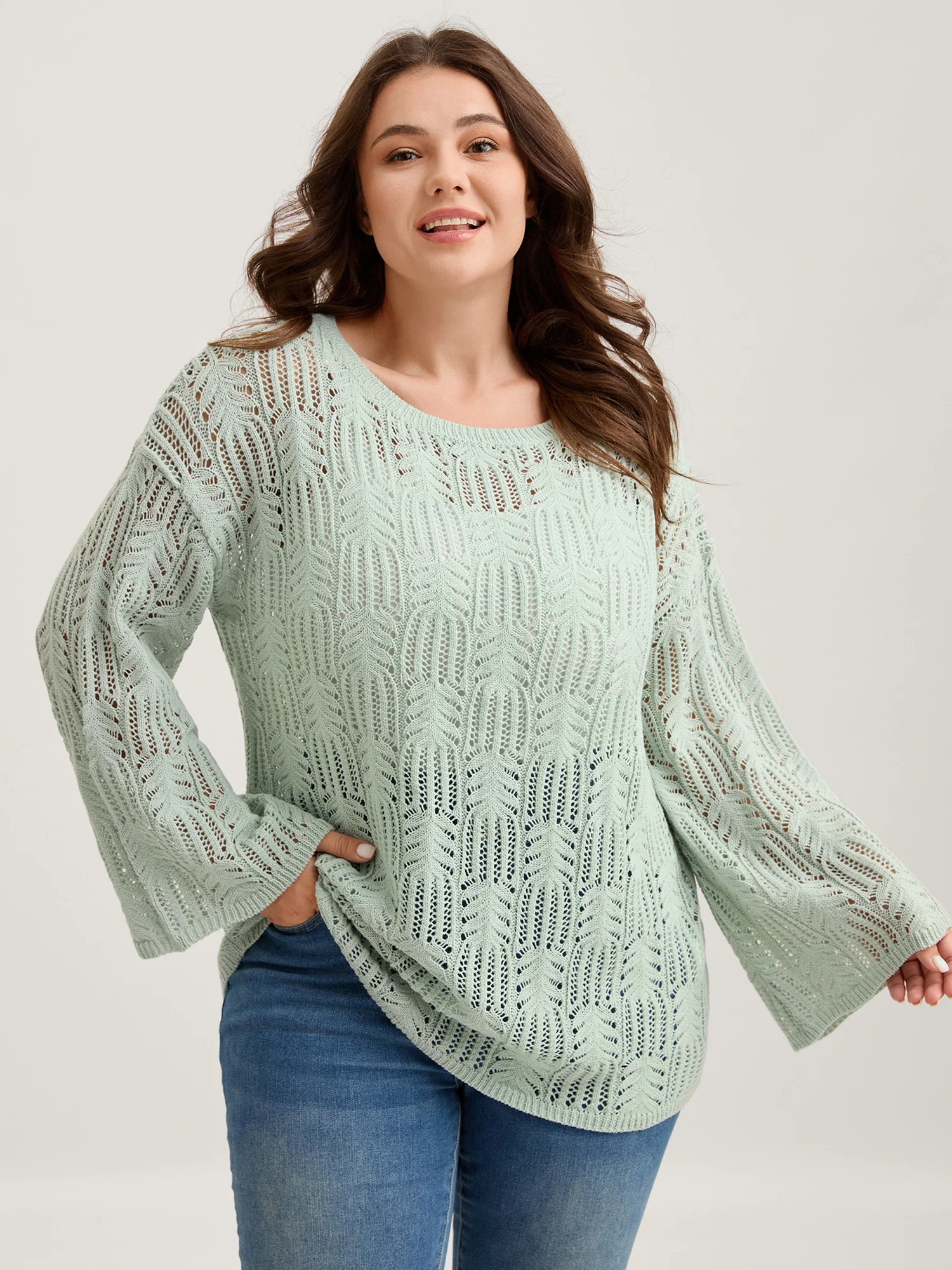 Textured Cut-Out Flared Sleeve Lightweight Pullover - Image 5