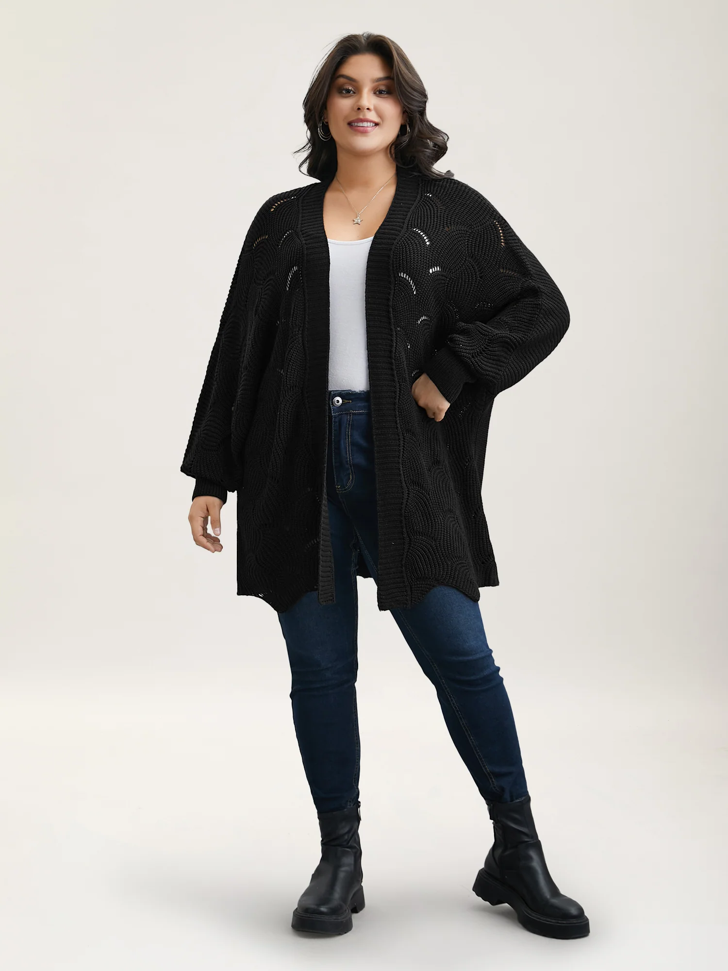 Textured Cut-Out Open-Front Cardigan - Image 3