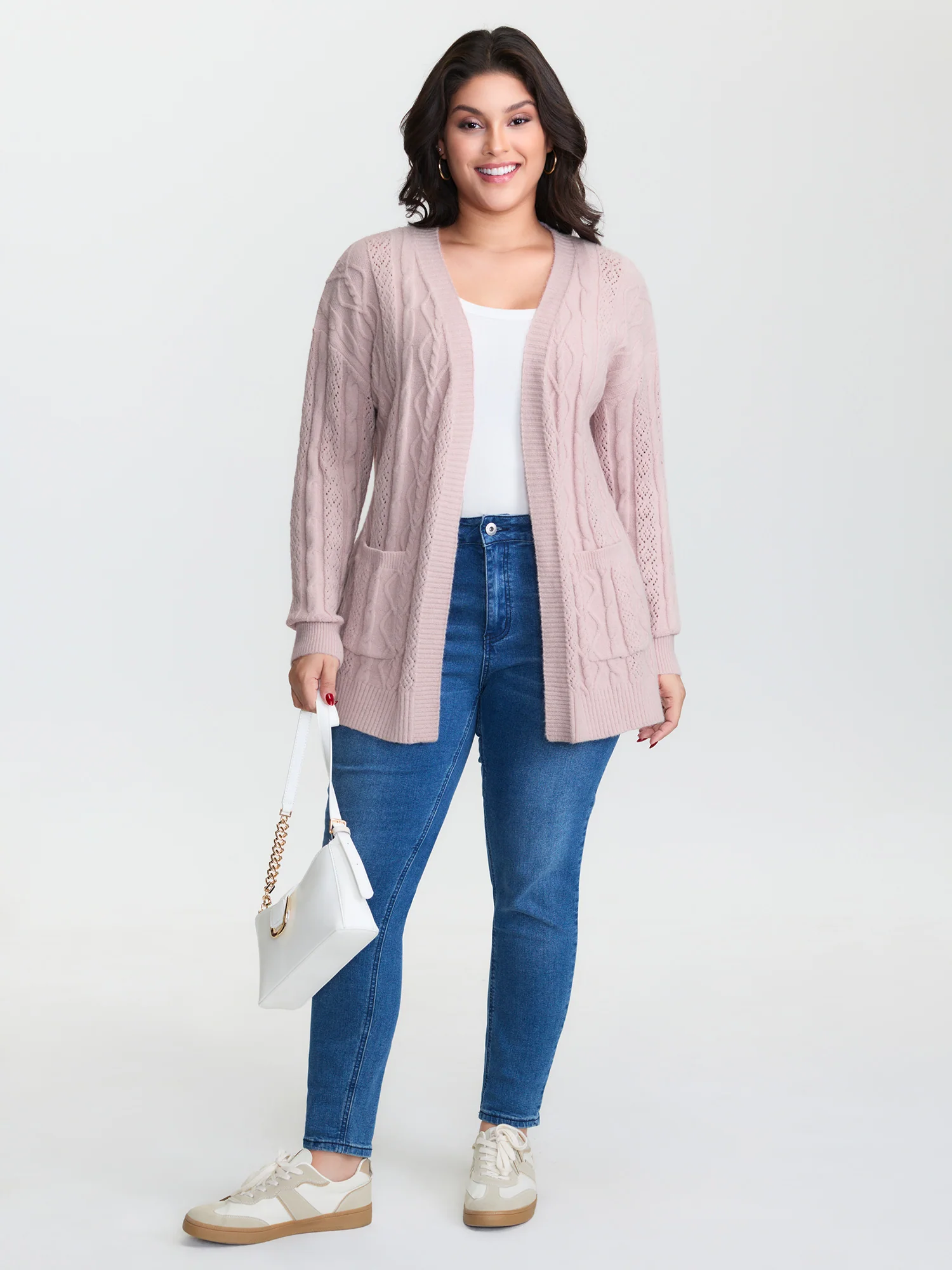 Textured Cut-Out Open-Front Knit Cardigan - Image 2