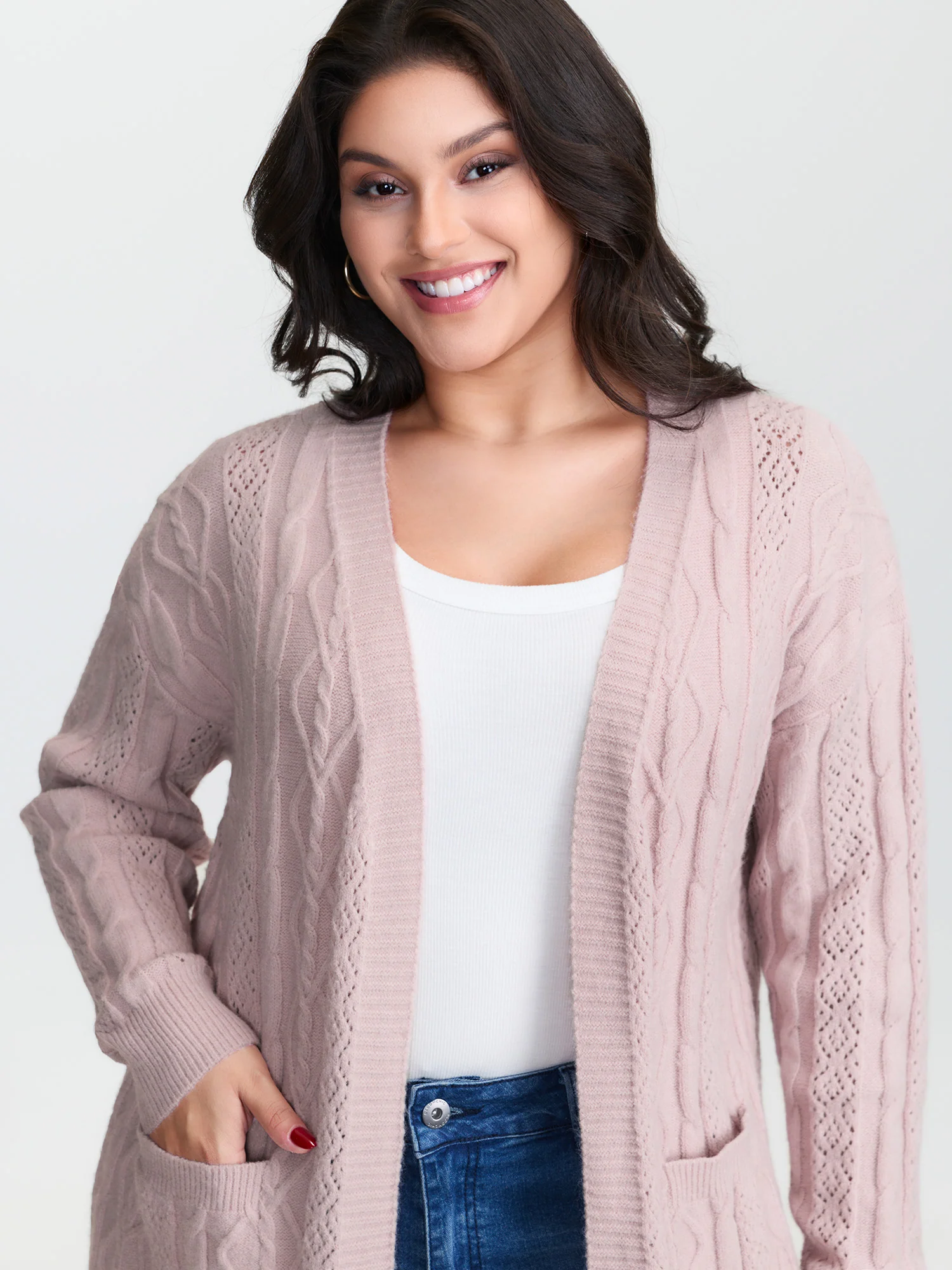 Textured Cut-Out Open-Front Knit Cardigan - Image 3