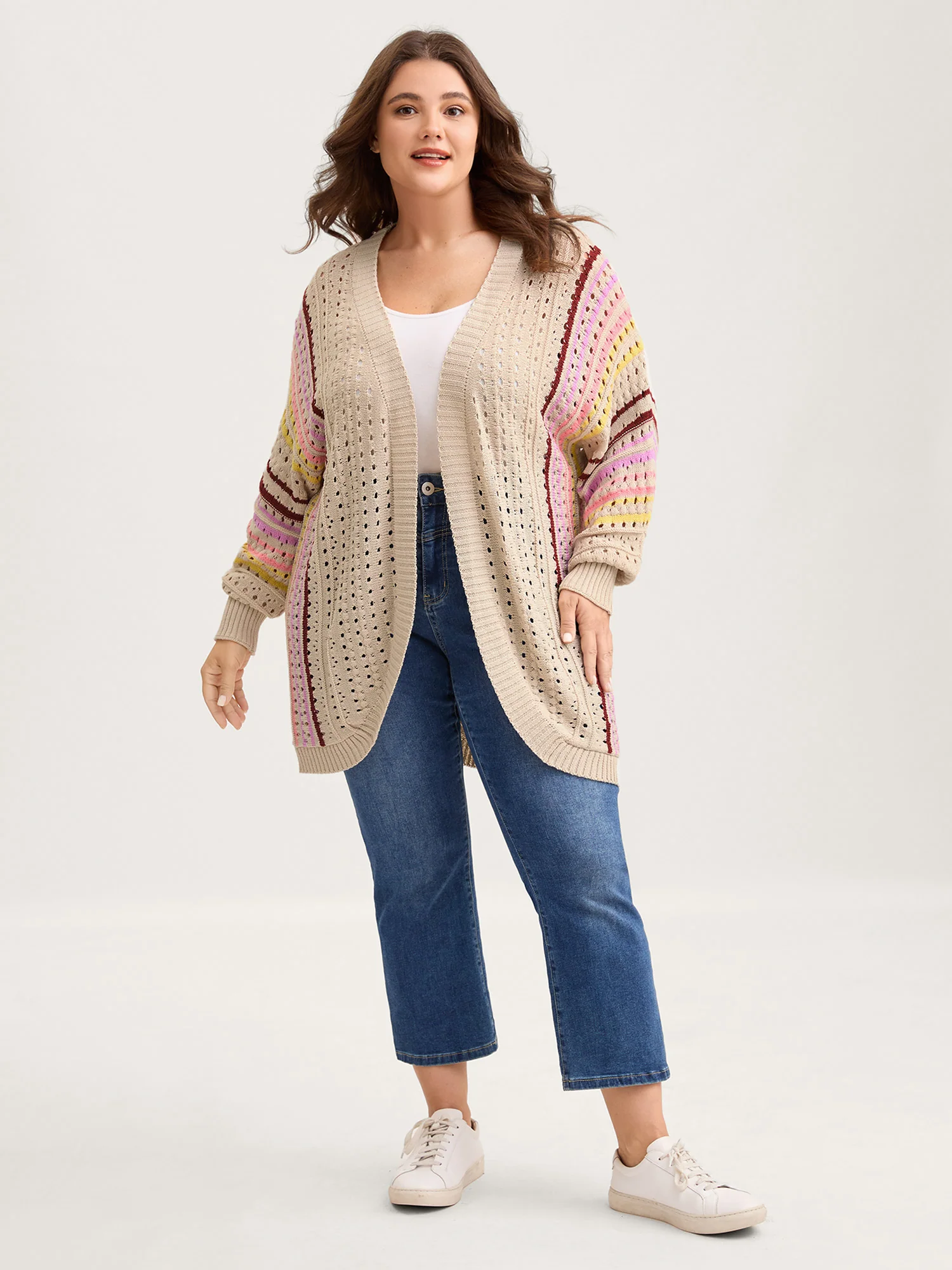 Textured Cut-Out Striped Knit Cardigan - Image 3