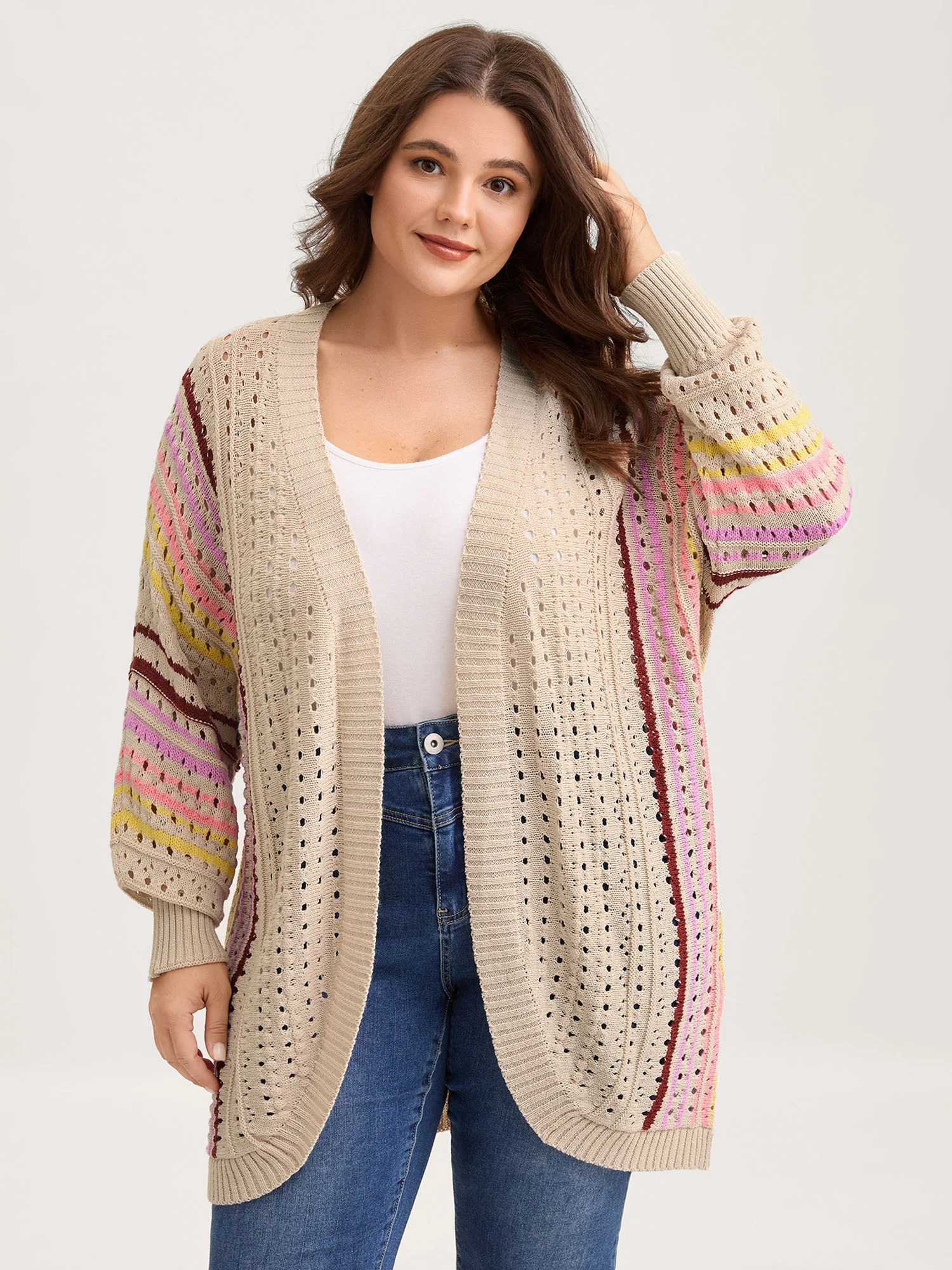 Textured Cut-Out Striped Knit Cardigan - Image 5