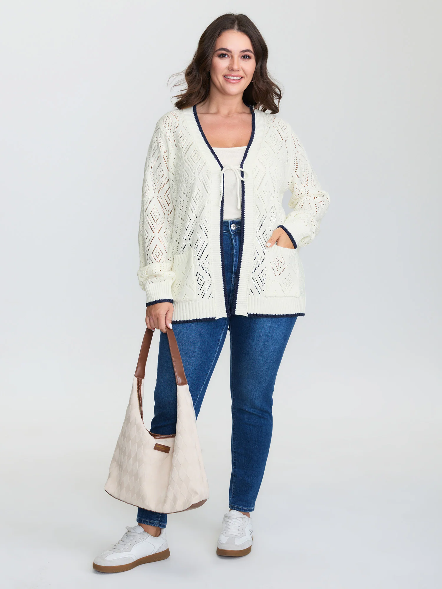 Textured Cut-Out Tie-Front Knit Cardigan - Image 2