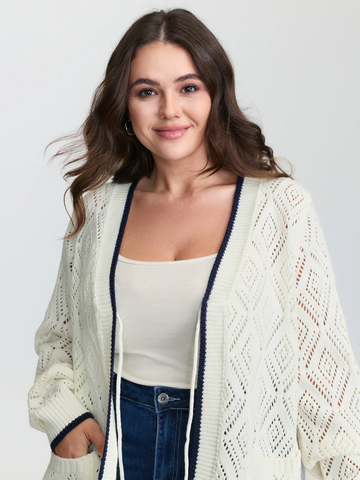 Textured Cut-Out Tie-Front Knit Cardigan - Image 3