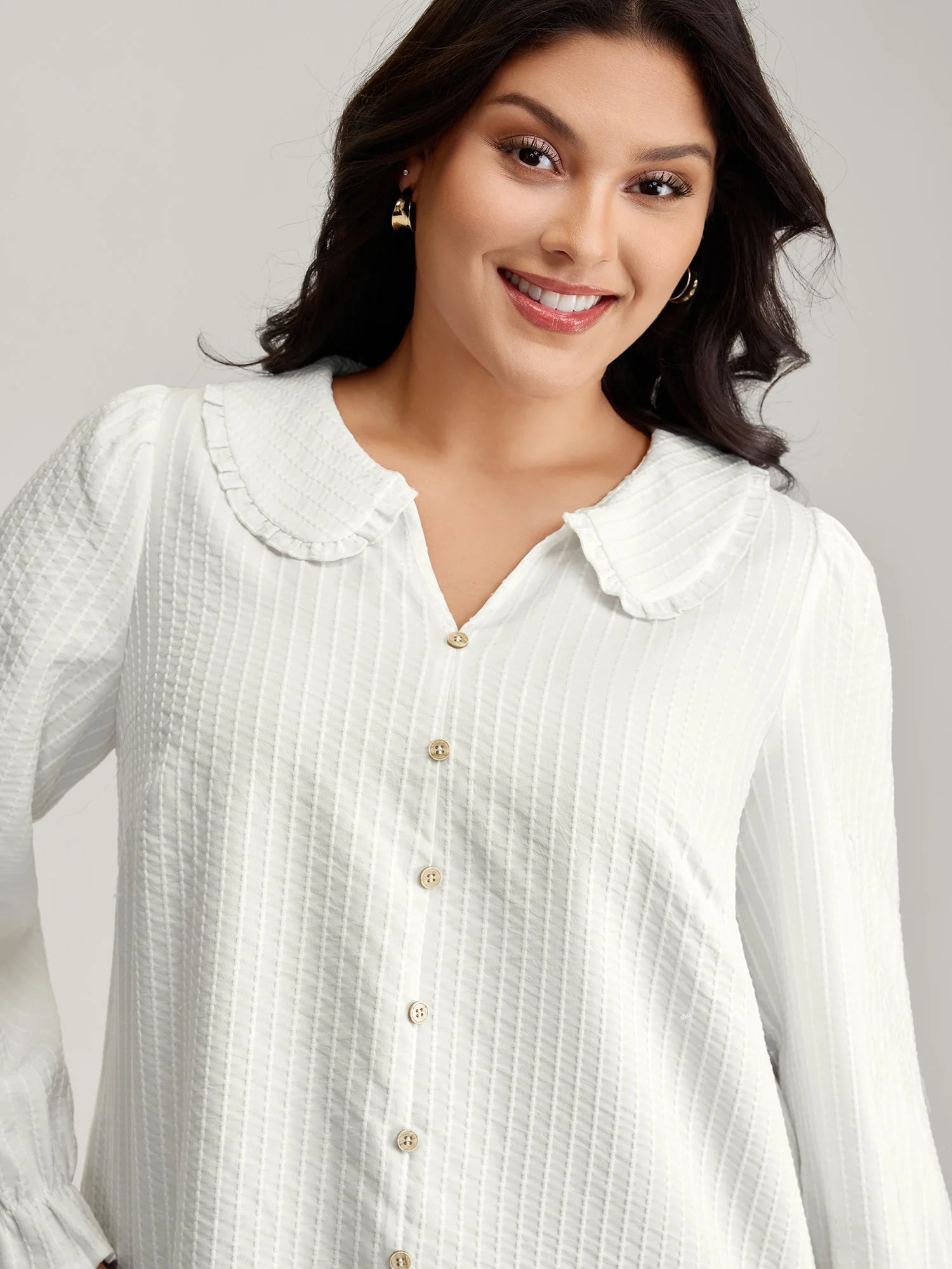 Textured Doll-Collar Button Detail Blouse - Image 2