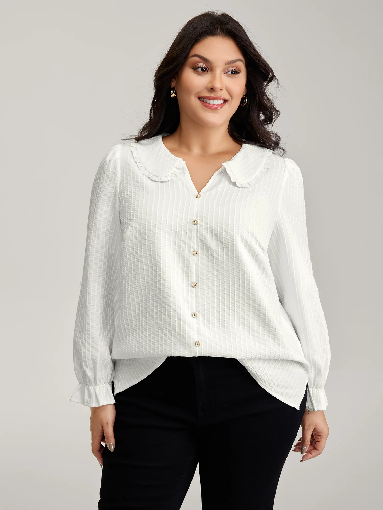 Textured Doll-Collar Button Detail Blouse - Image 3