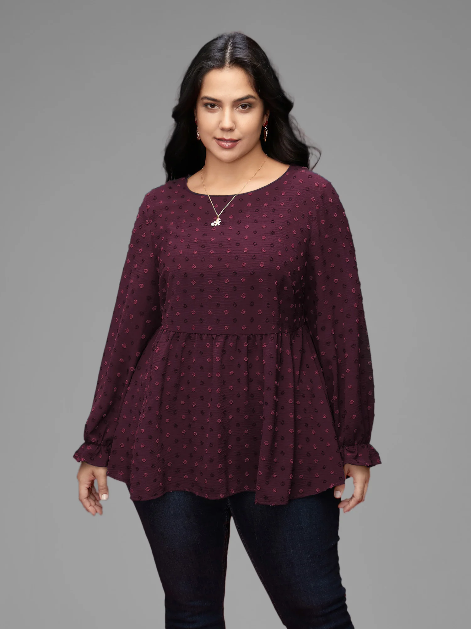 Textured Dot Elastic Cuffs A-line Blouse