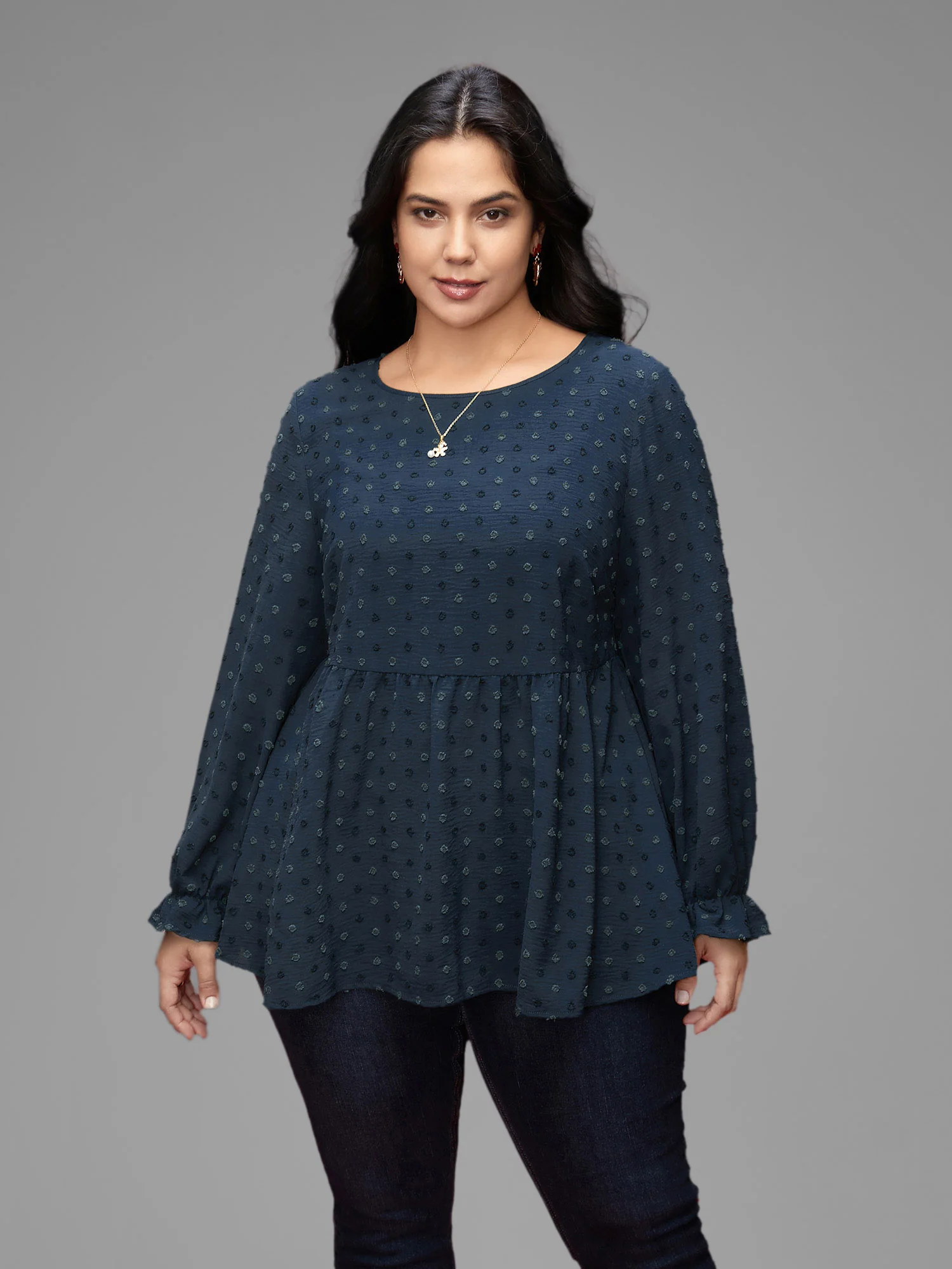 Textured Dot Elastic Cuffs A-line Blouse - Image 13