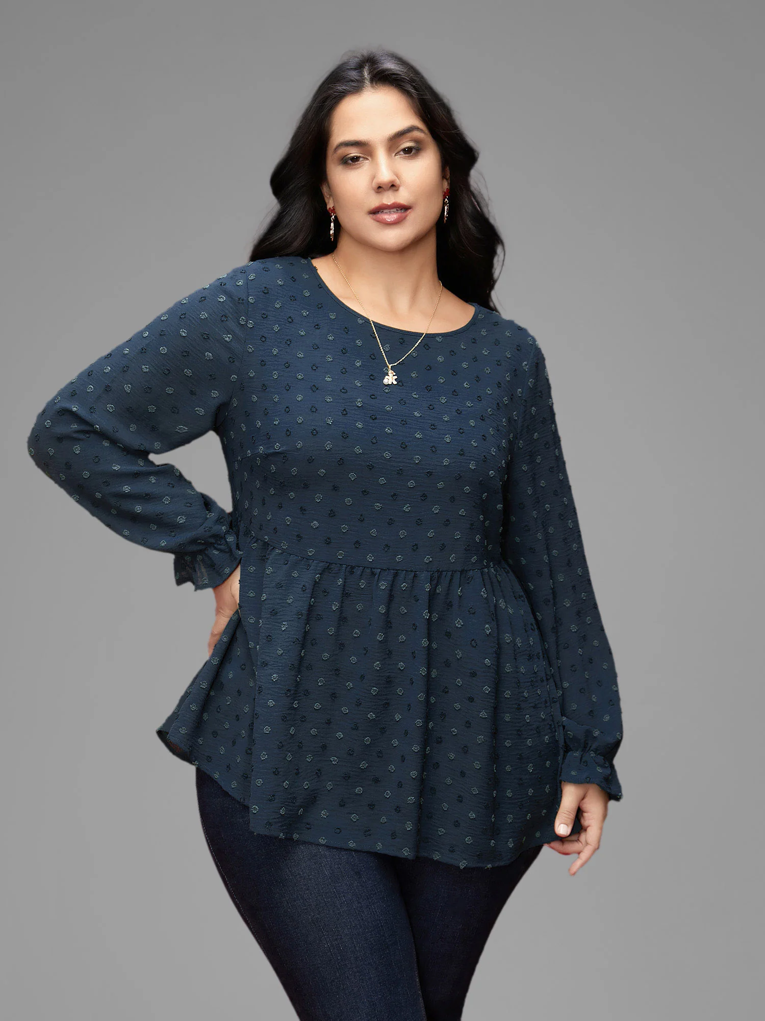 Textured Dot Elastic Cuffs A-line Blouse - Image 16