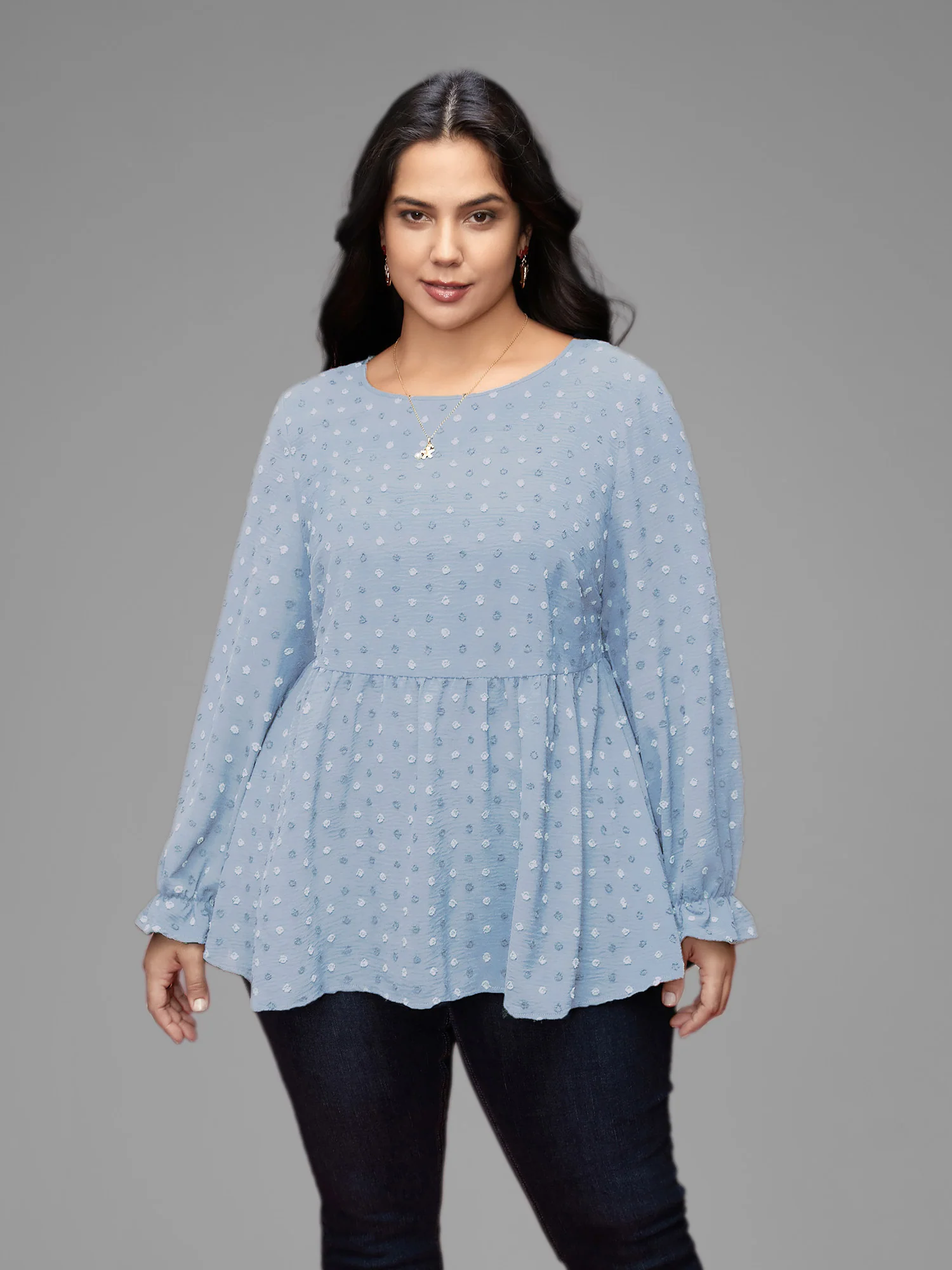 Textured Dot Elastic Cuffs A-line Blouse - Image 18