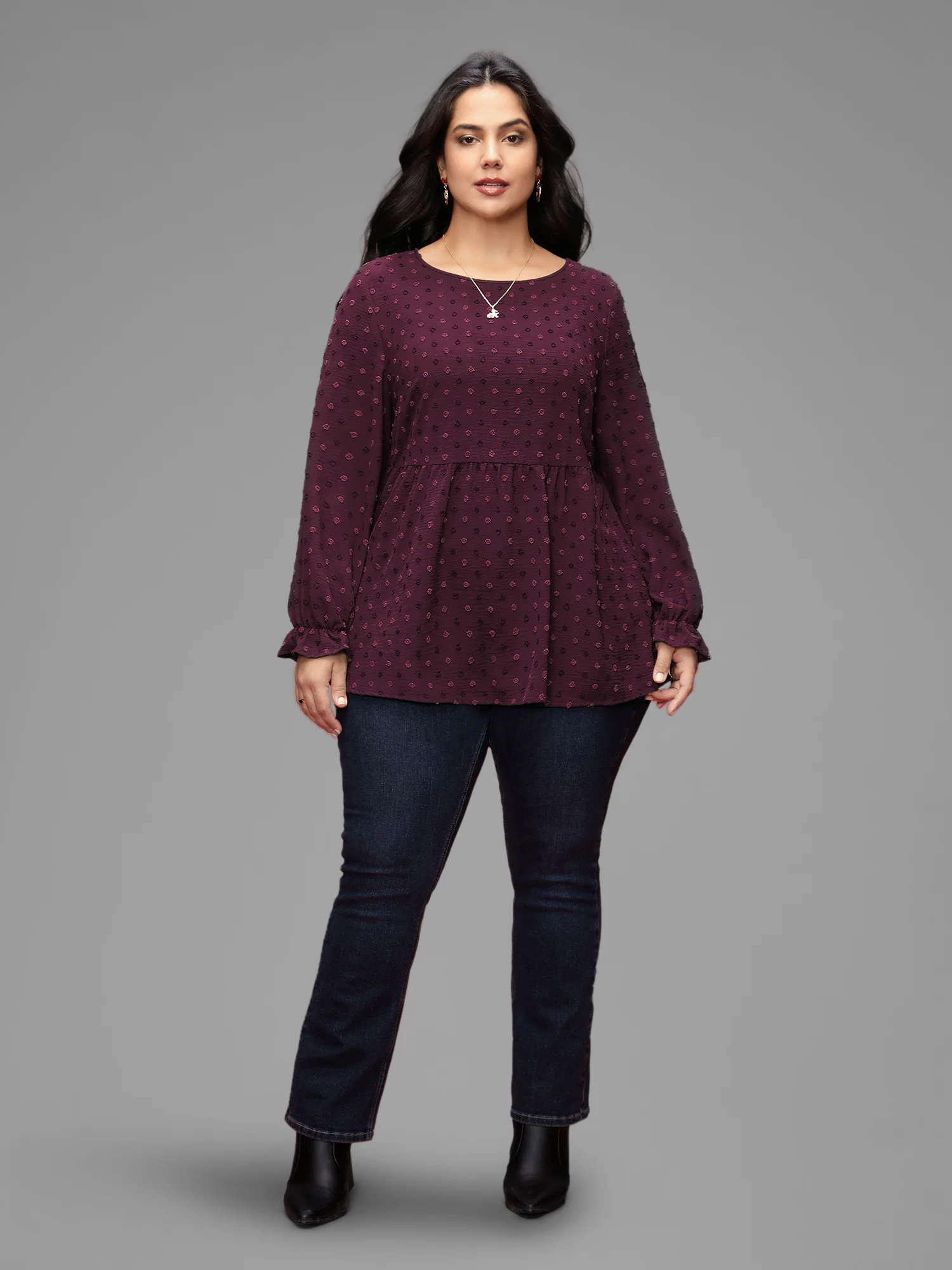 Textured Dot Elastic Cuffs A-line Blouse - Image 2