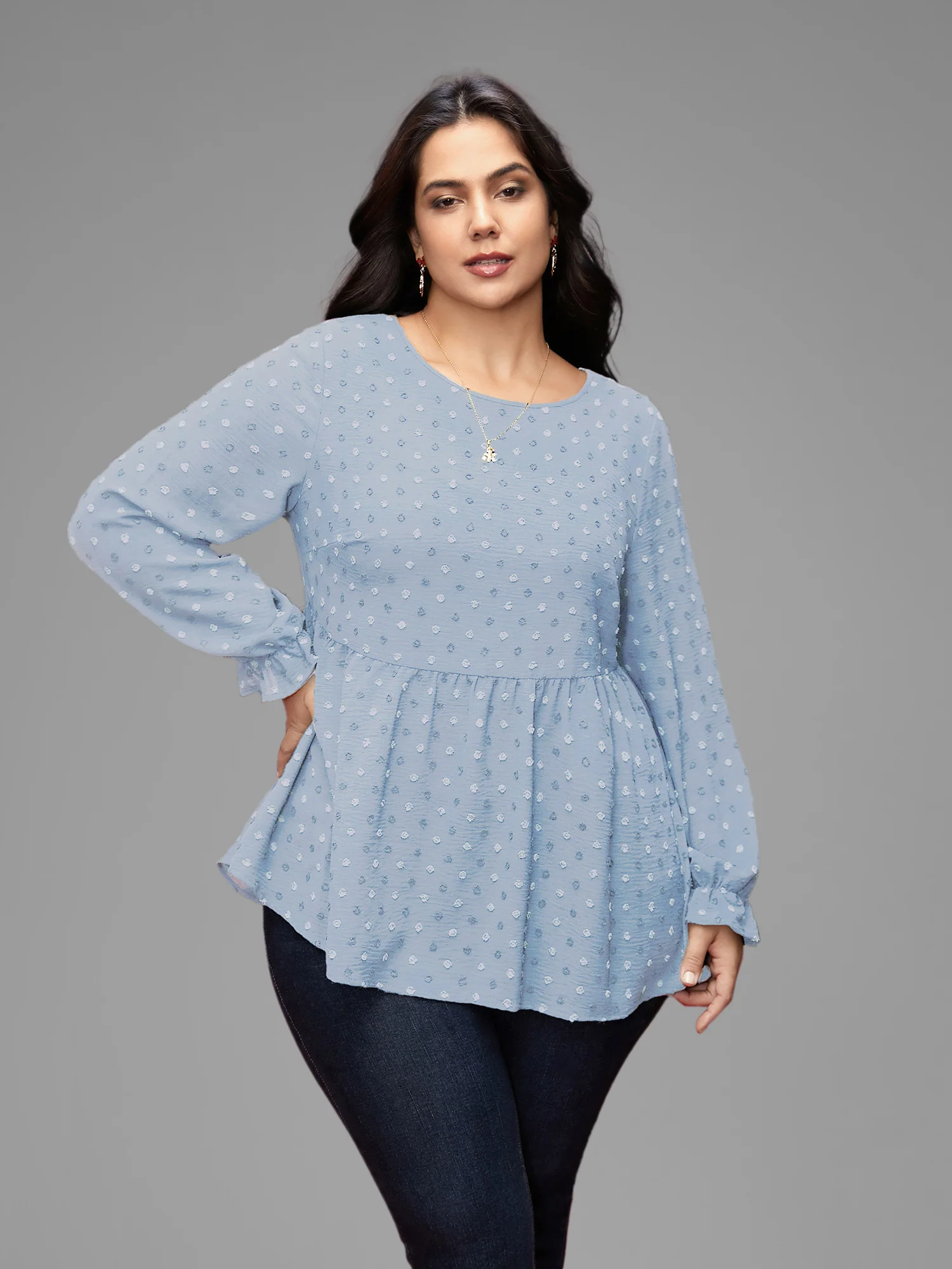 Textured Dot Elastic Cuffs A-line Blouse - Image 21