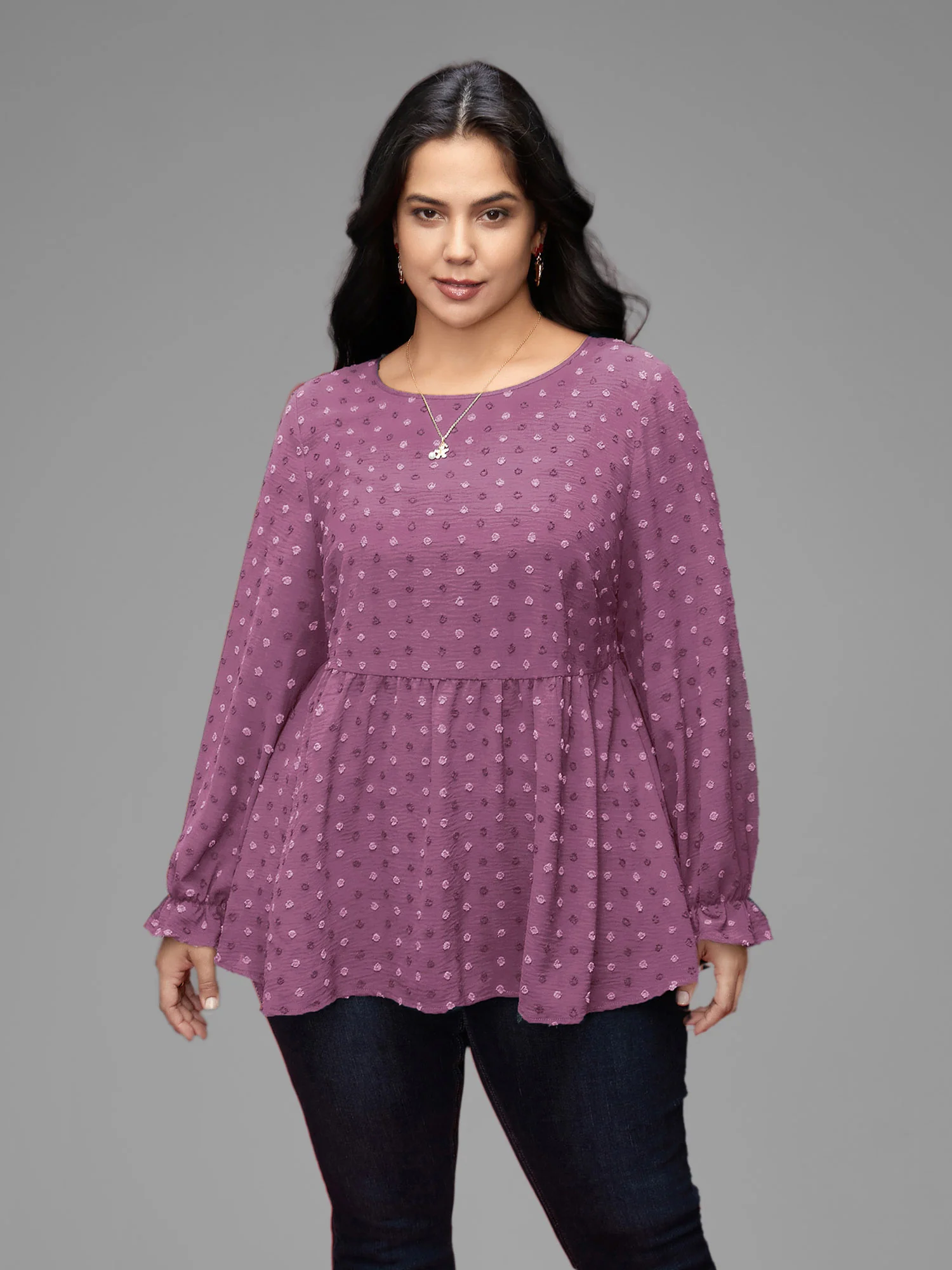 Textured Dot Elastic Cuffs A-line Blouse - Image 23