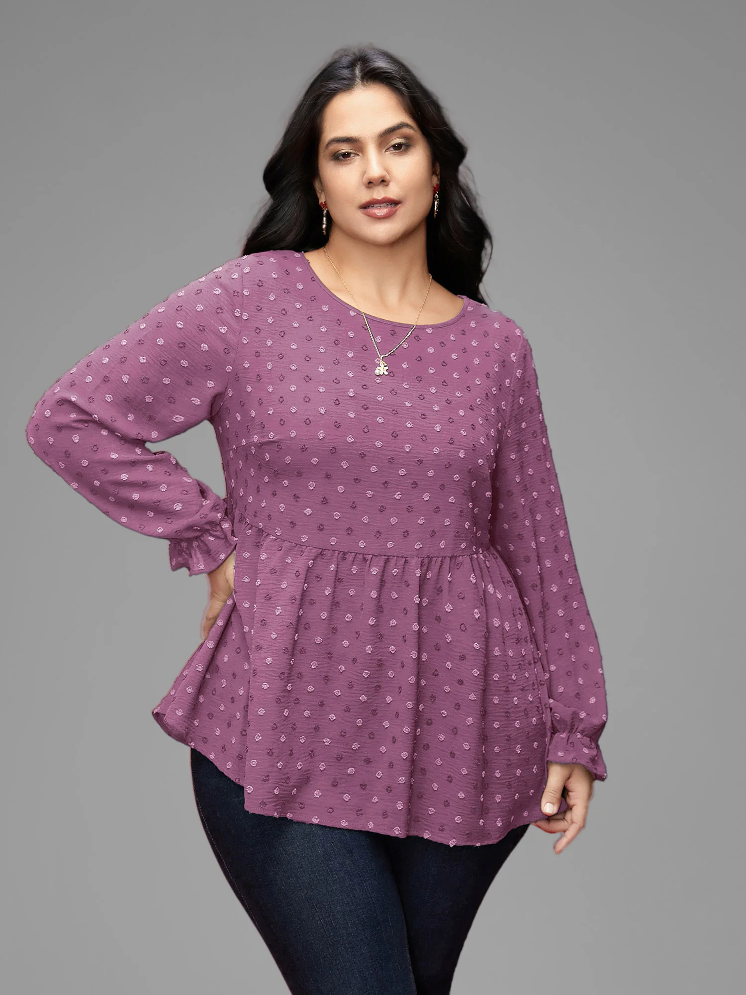 Textured Dot Elastic Cuffs A-line Blouse - Image 26