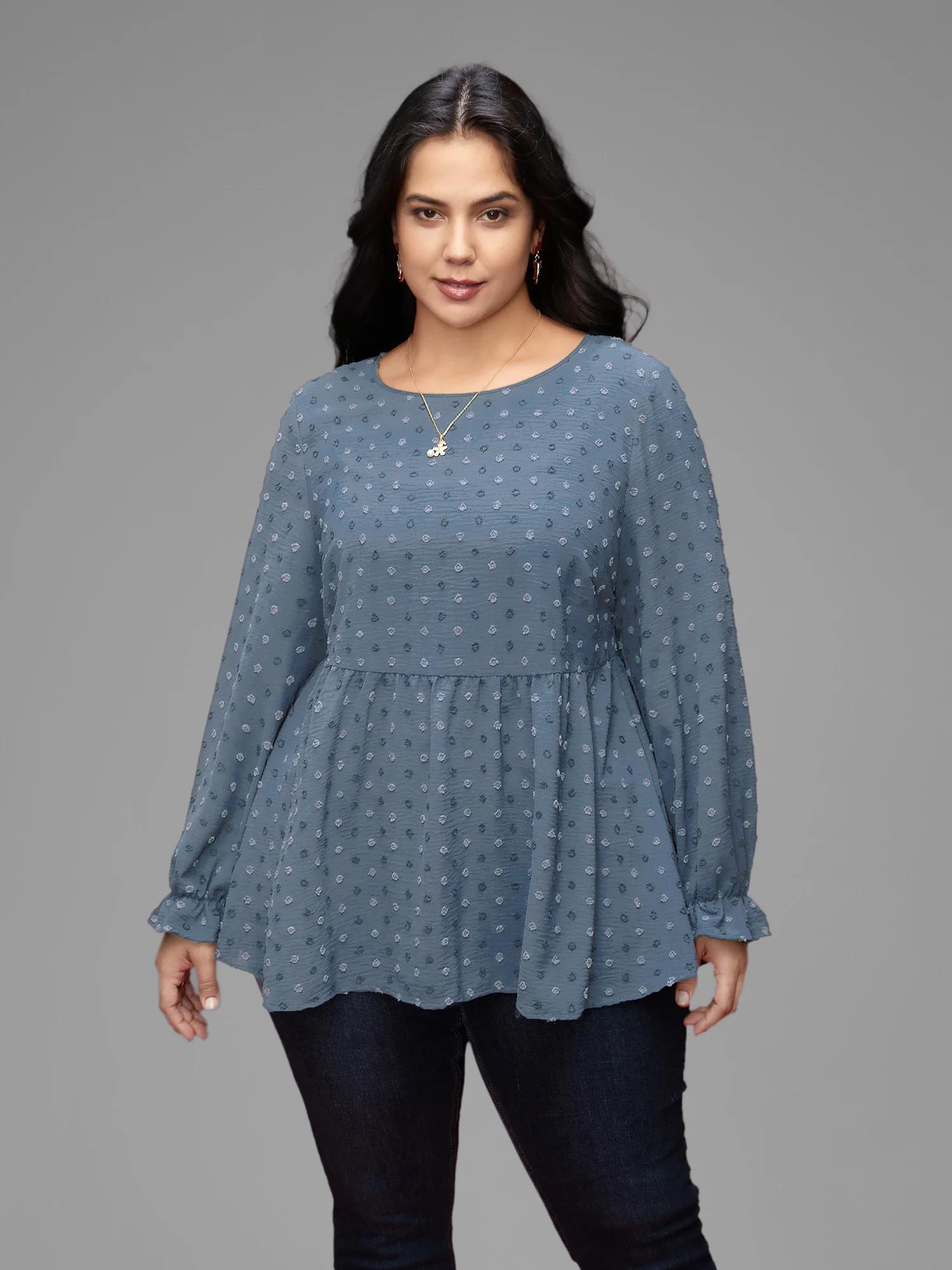Textured Dot Elastic Cuffs A-line Blouse - Image 28