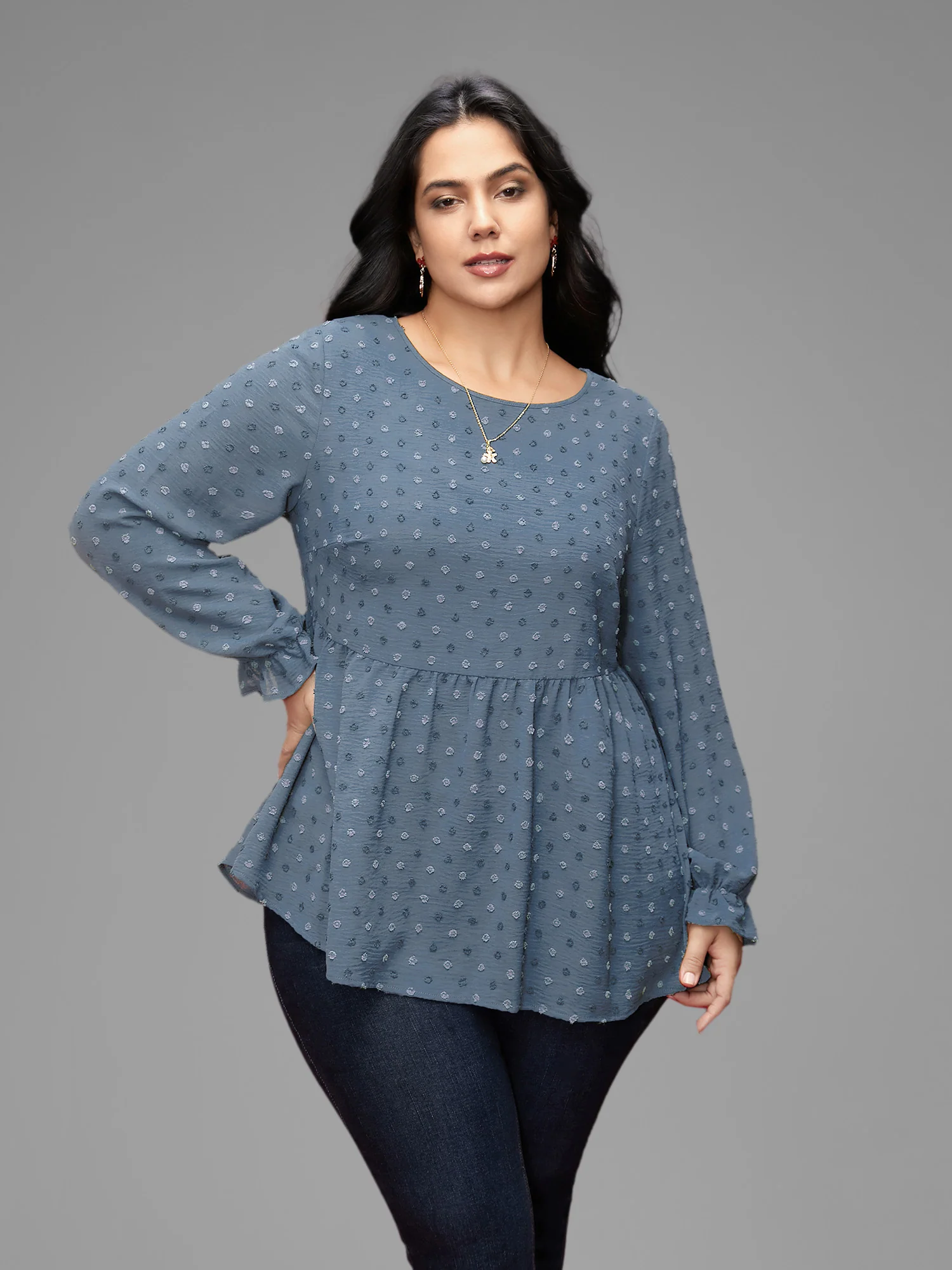 Textured Dot Elastic Cuffs A-line Blouse - Image 31
