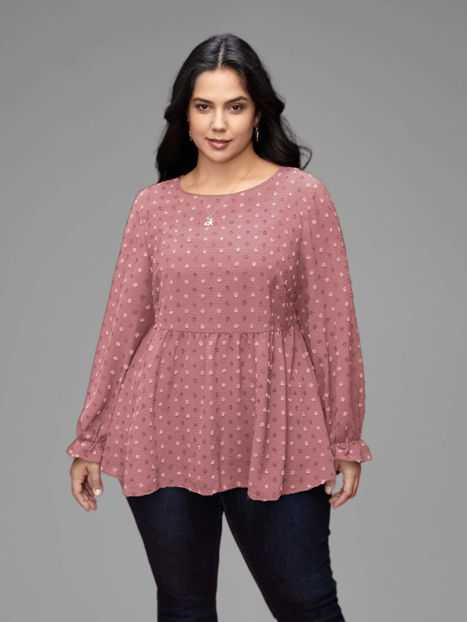 Textured Dot Elastic Cuffs A-line Blouse - Image 33