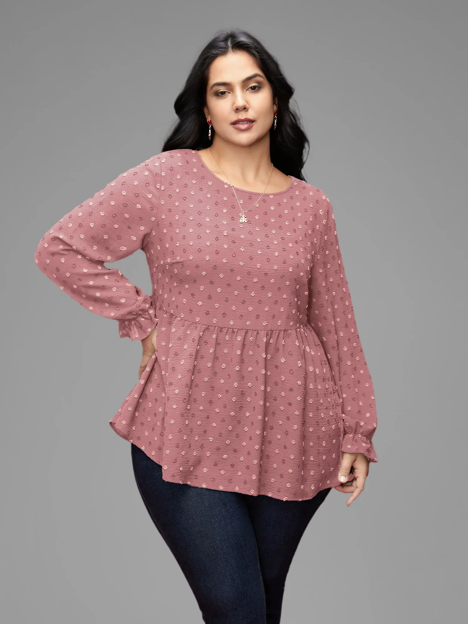 Textured Dot Elastic Cuffs A-line Blouse - Image 36