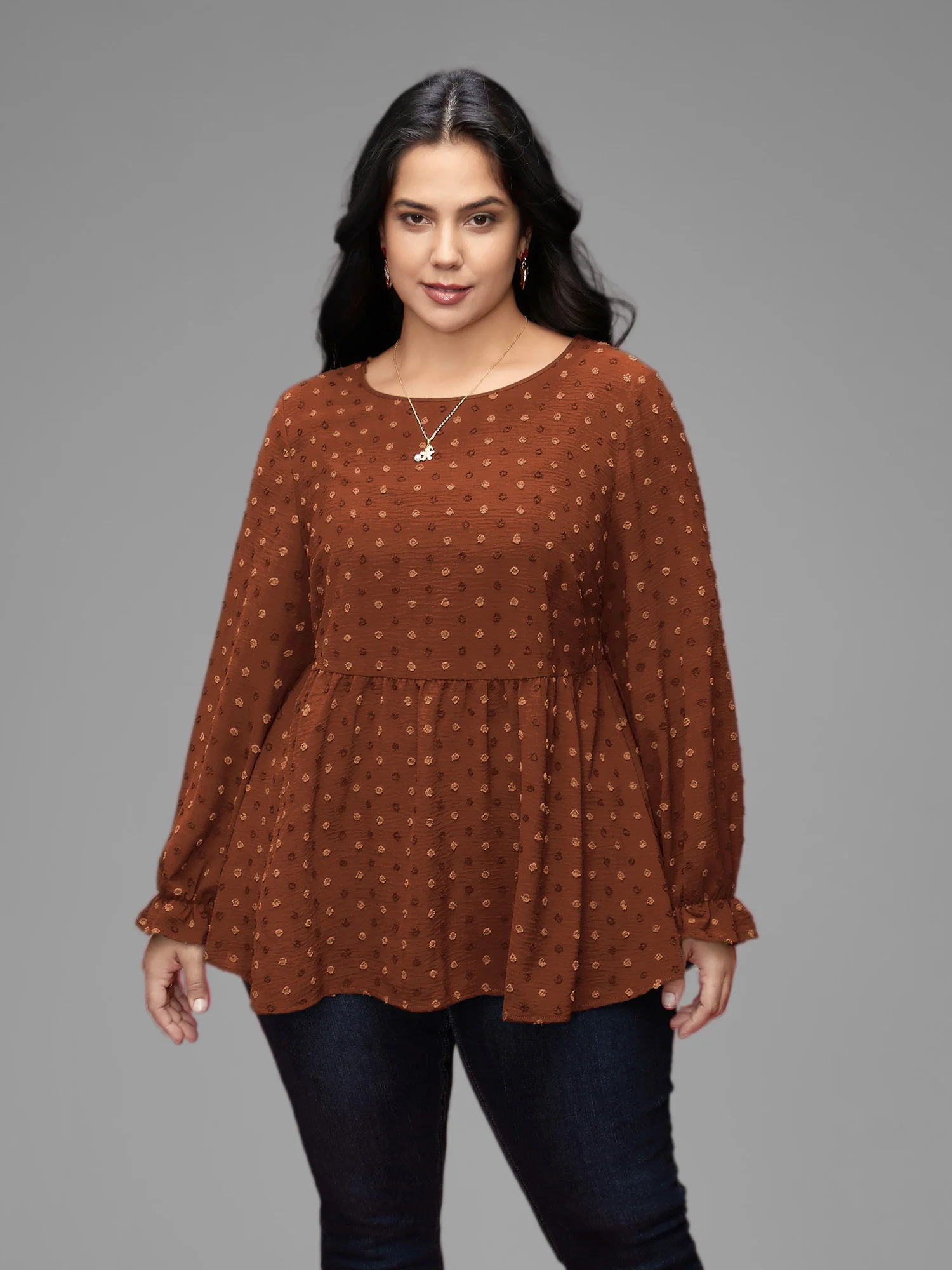 Textured Dot Elastic Cuffs A-line Blouse - Image 38