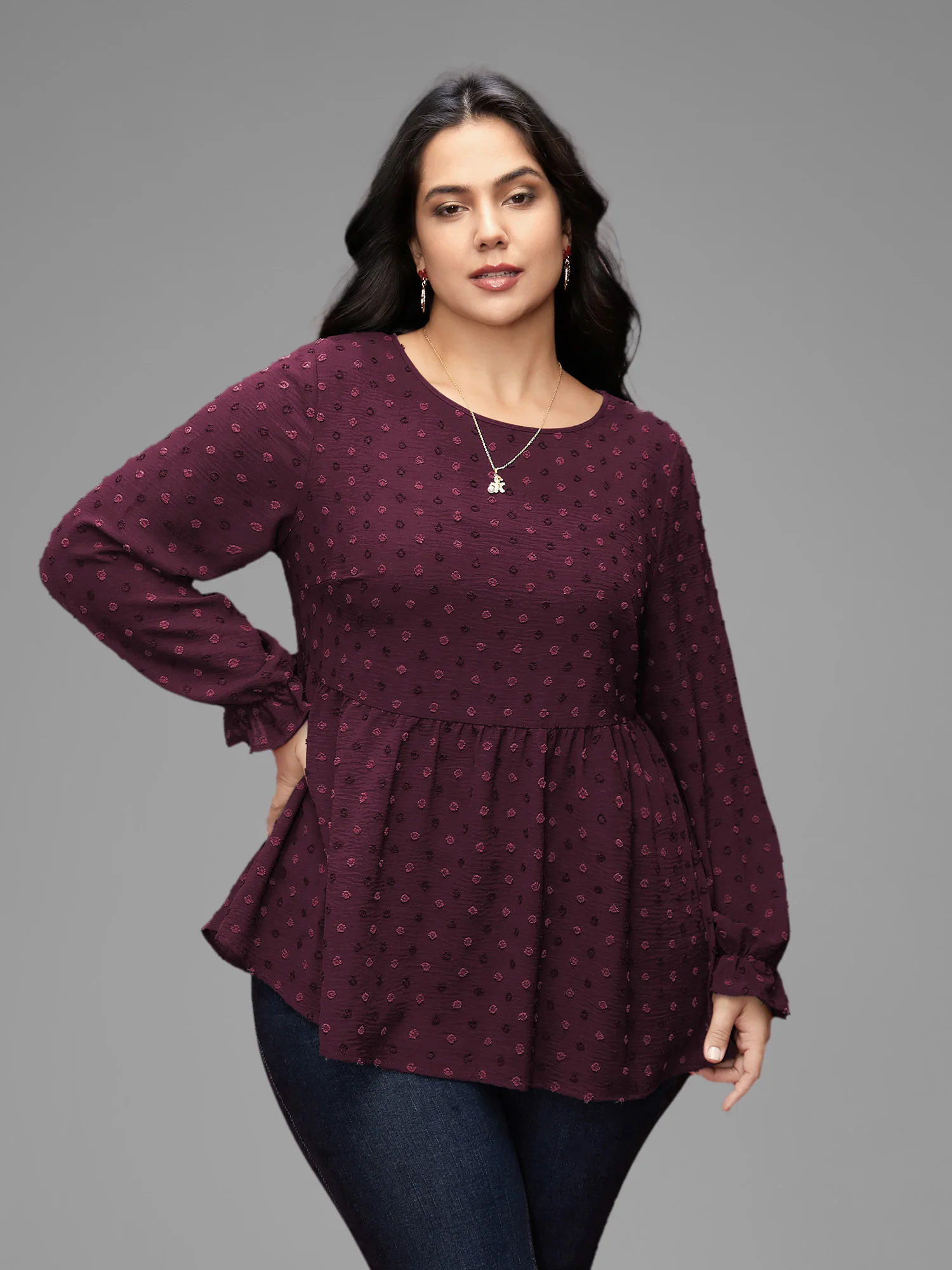 Textured Dot Elastic Cuffs A-line Blouse - Image 4