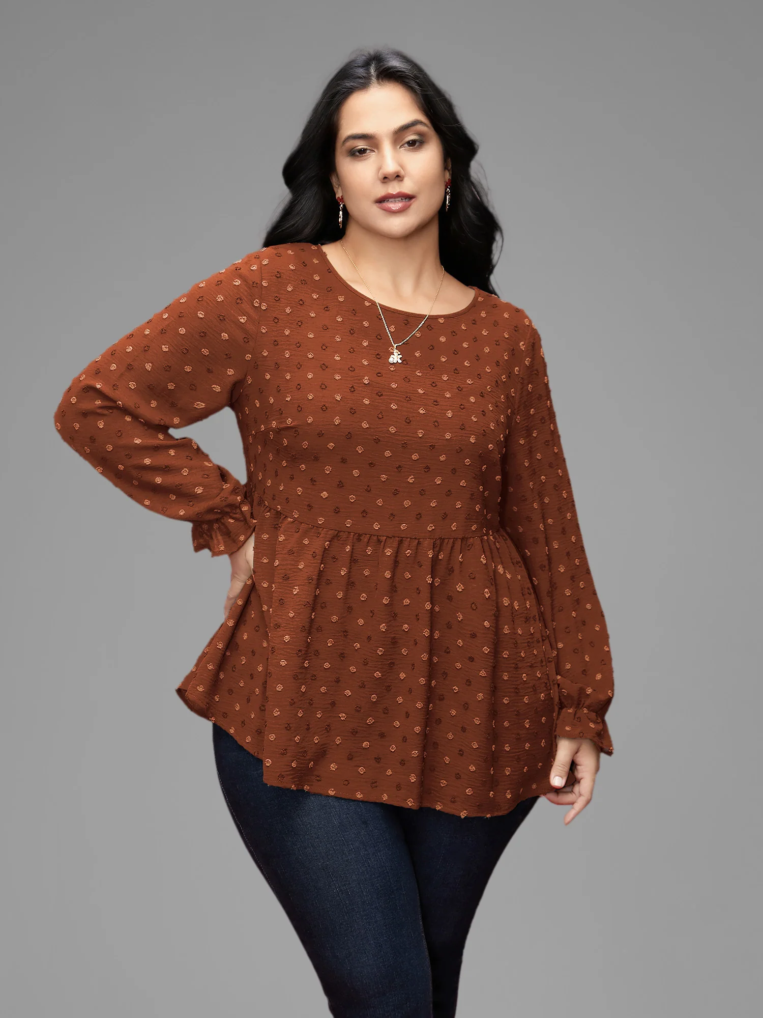 Textured Dot Elastic Cuffs A-line Blouse - Image 41