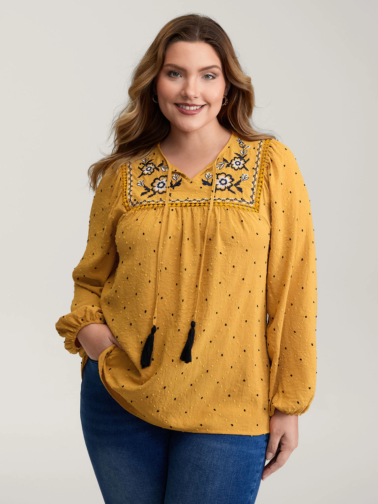 Textured Dot Embroidered Tassel Flowy Blouse - Image 2