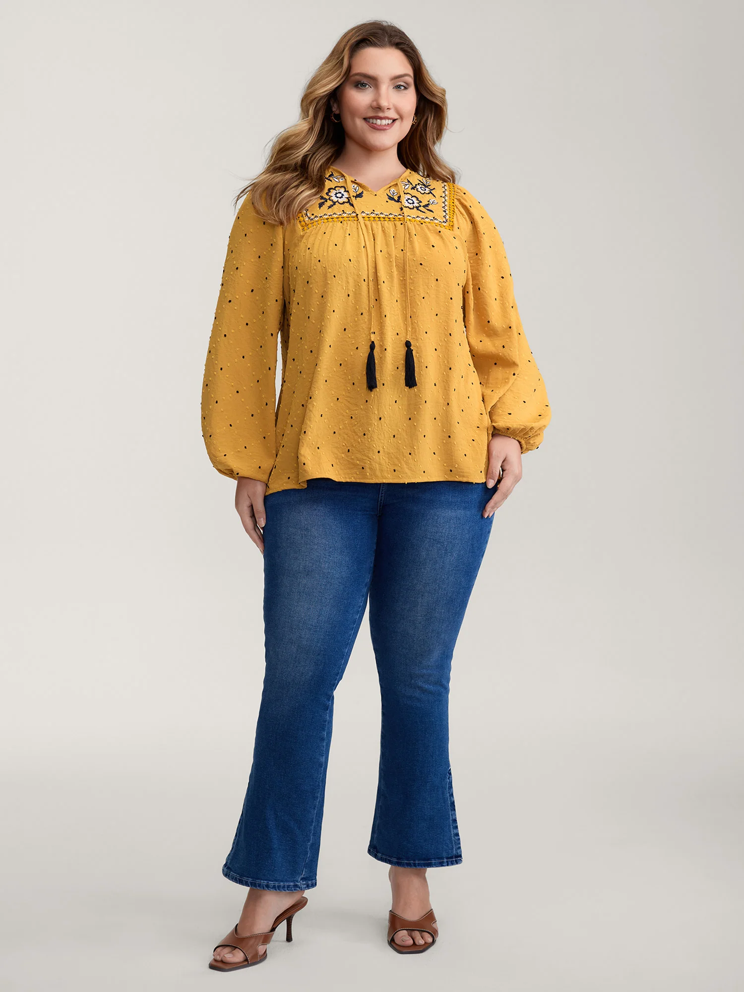 Textured Dot Embroidered Tassel Flowy Blouse - Image 3
