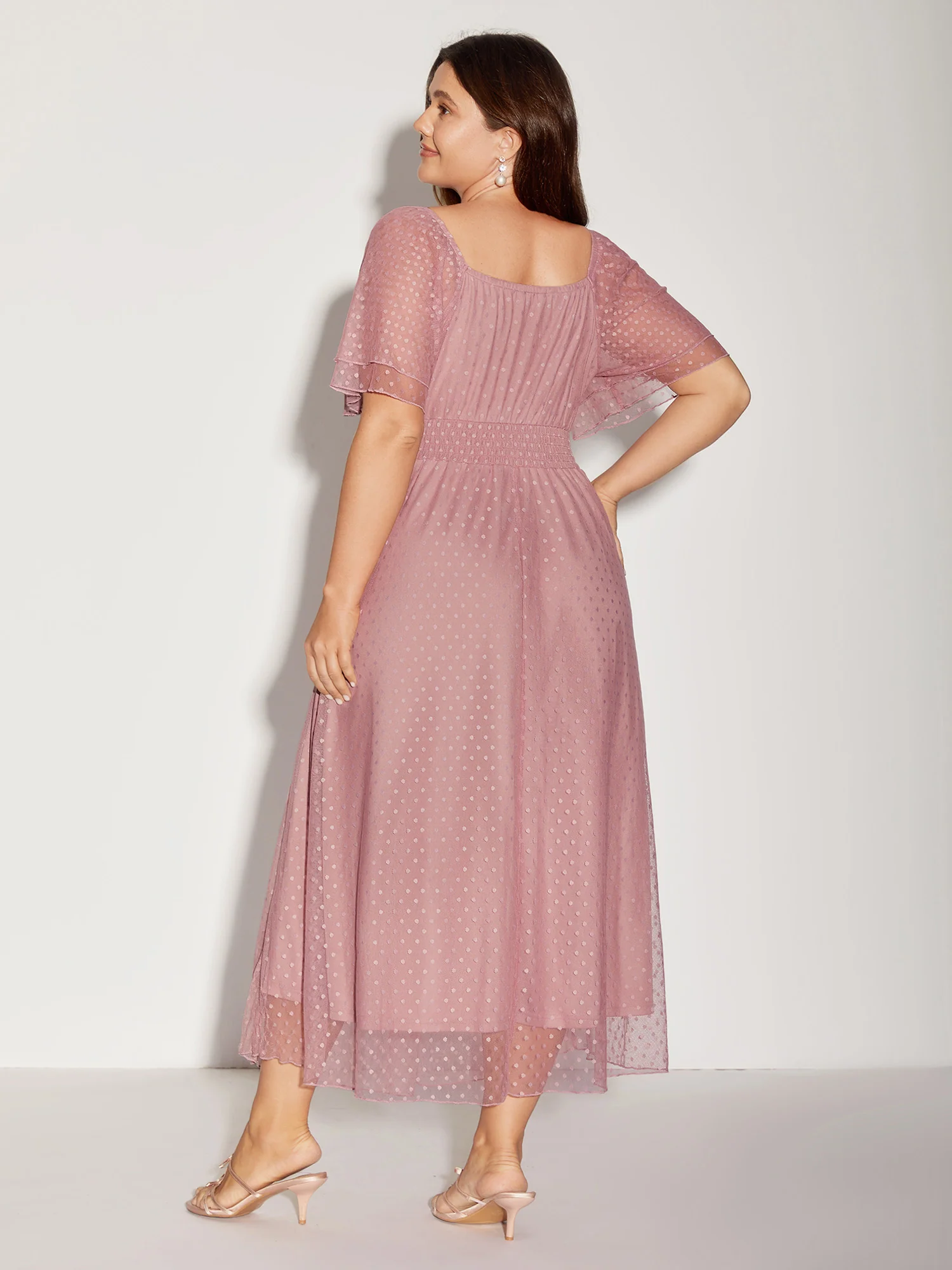 Textured Dot Lace Trim Midi Dress - Image 4
